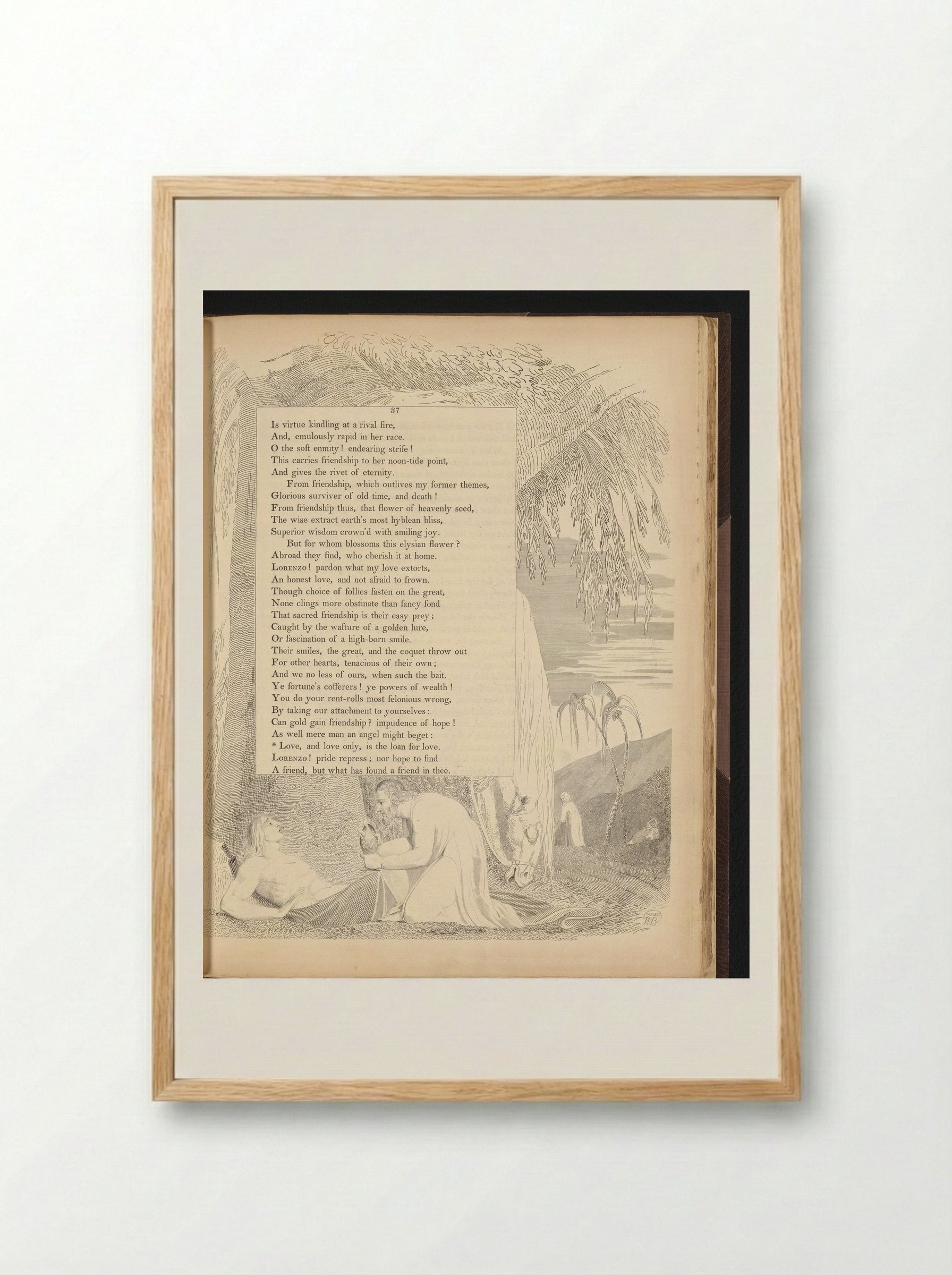 Man crouching by a reclining man beside a tree with a horse - William Blake - Framed Print Wood