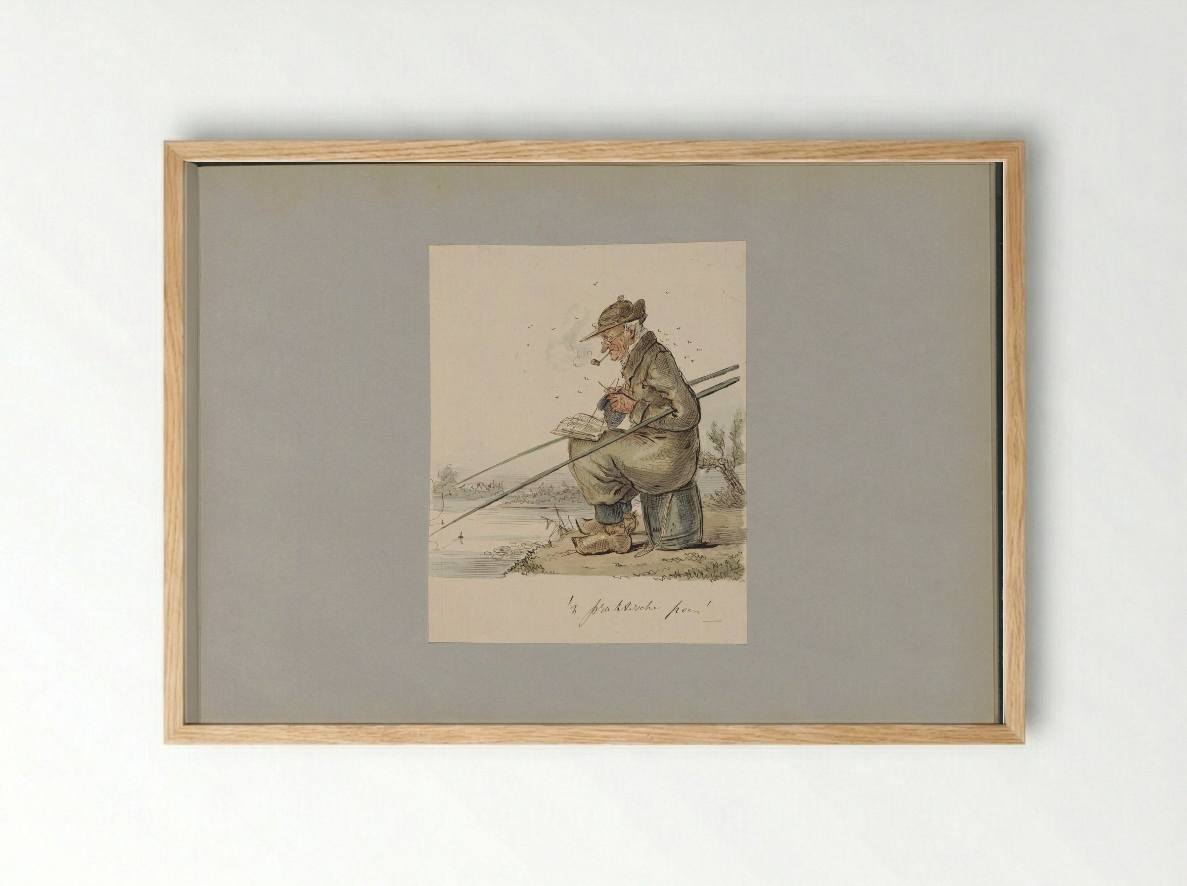Man die vist, breit, rookt en leest aan een waterkant - Alexander Ver Huell - Framed Print Wood