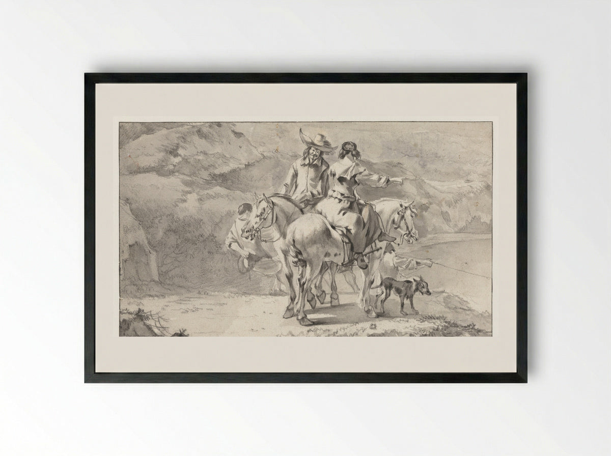 Man en een vrouw te paard bij een bergmeer - Abraham Jansz Begeyn - Framed Print Black