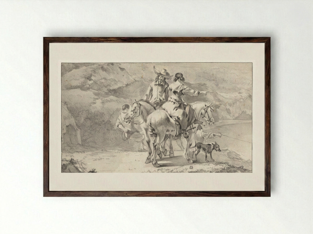 Man en een vrouw te paard bij een bergmeer - Abraham Jansz Begeyn - Framed Print Dark Wood