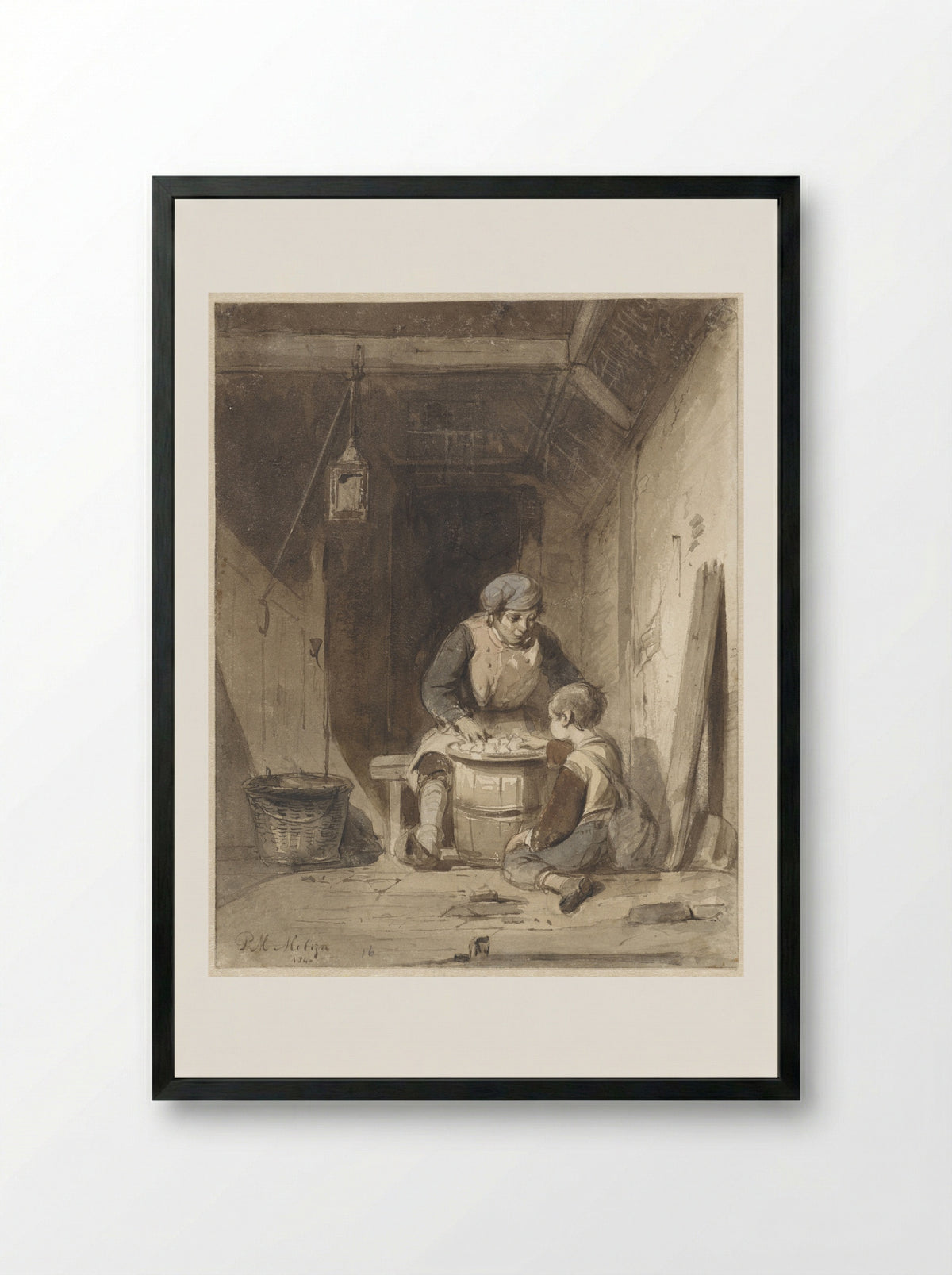 Man en jongetje etend in een schuur - Petrus Marius Molijn - Framed Print Black