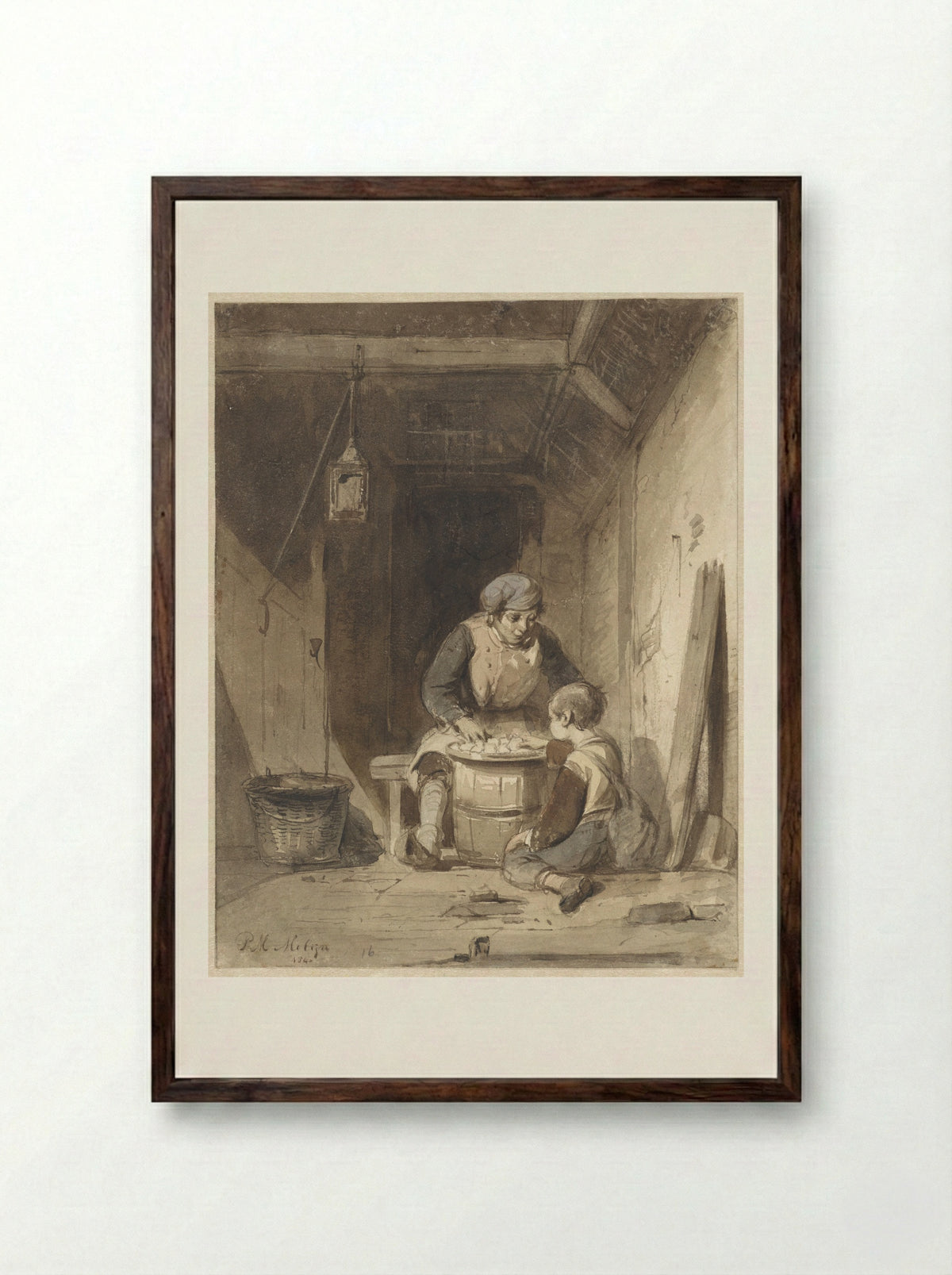 Man en jongetje etend in een schuur - Petrus Marius Molijn - Framed Print Dark Wood