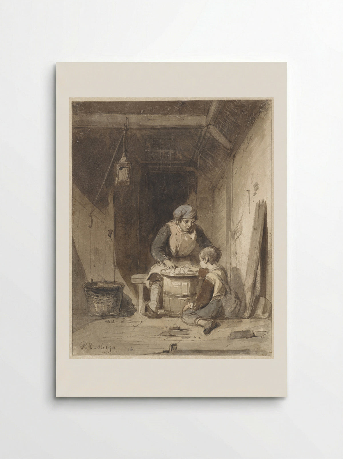 Man en jongetje etend in een schuur - Petrus Marius Molijn - Poster