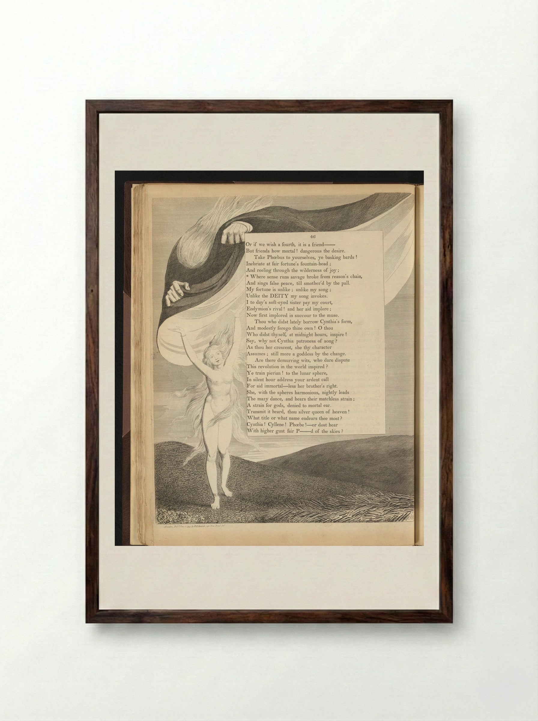 Man holding a mantle over a naked woman - William Blake - Framed Print Dark Wood