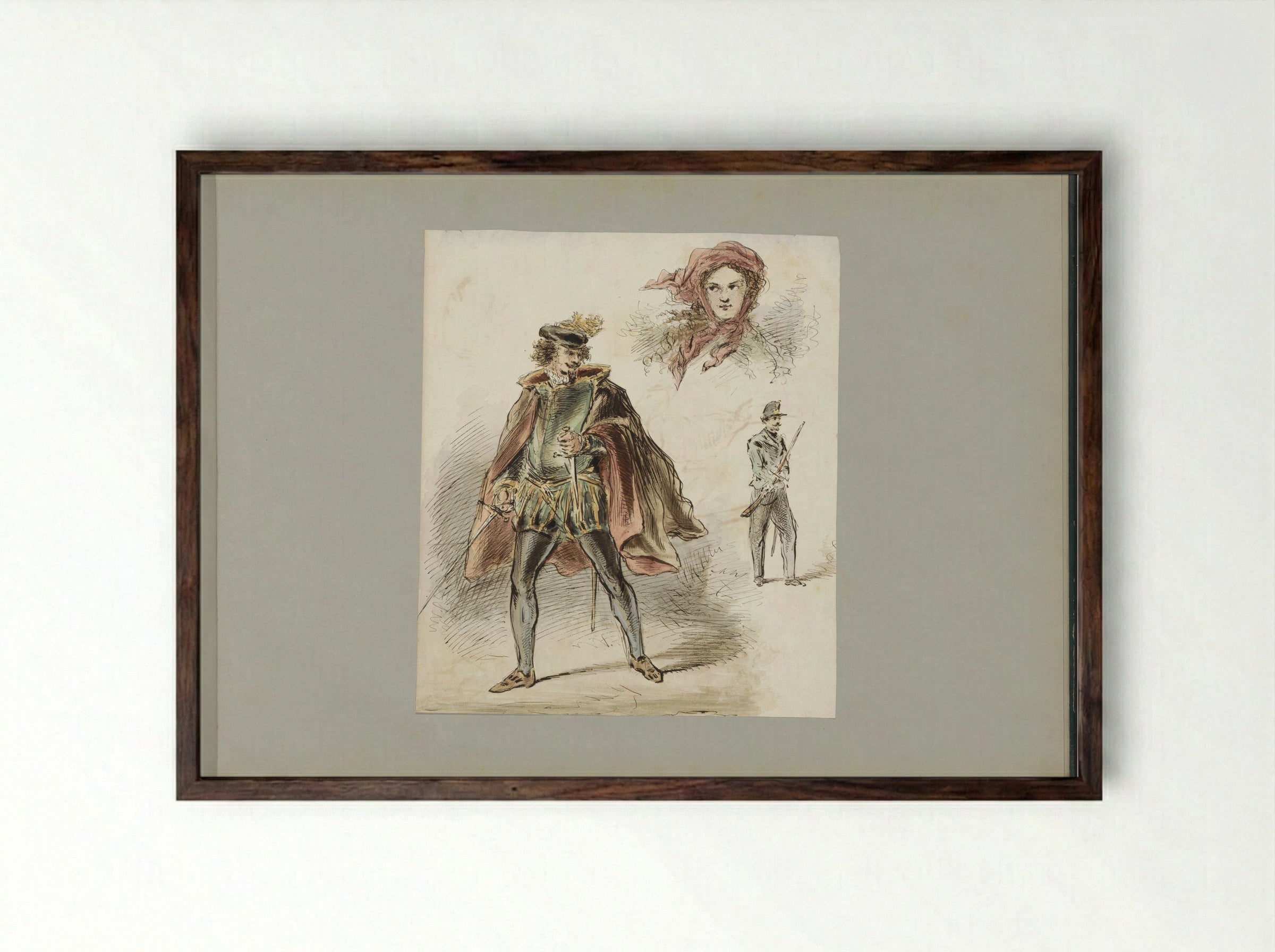 Man in Historical Costume, a Woman with a Headscarf, and a Soldier - Alexander Ver Huell - Framed Print Dark Wood