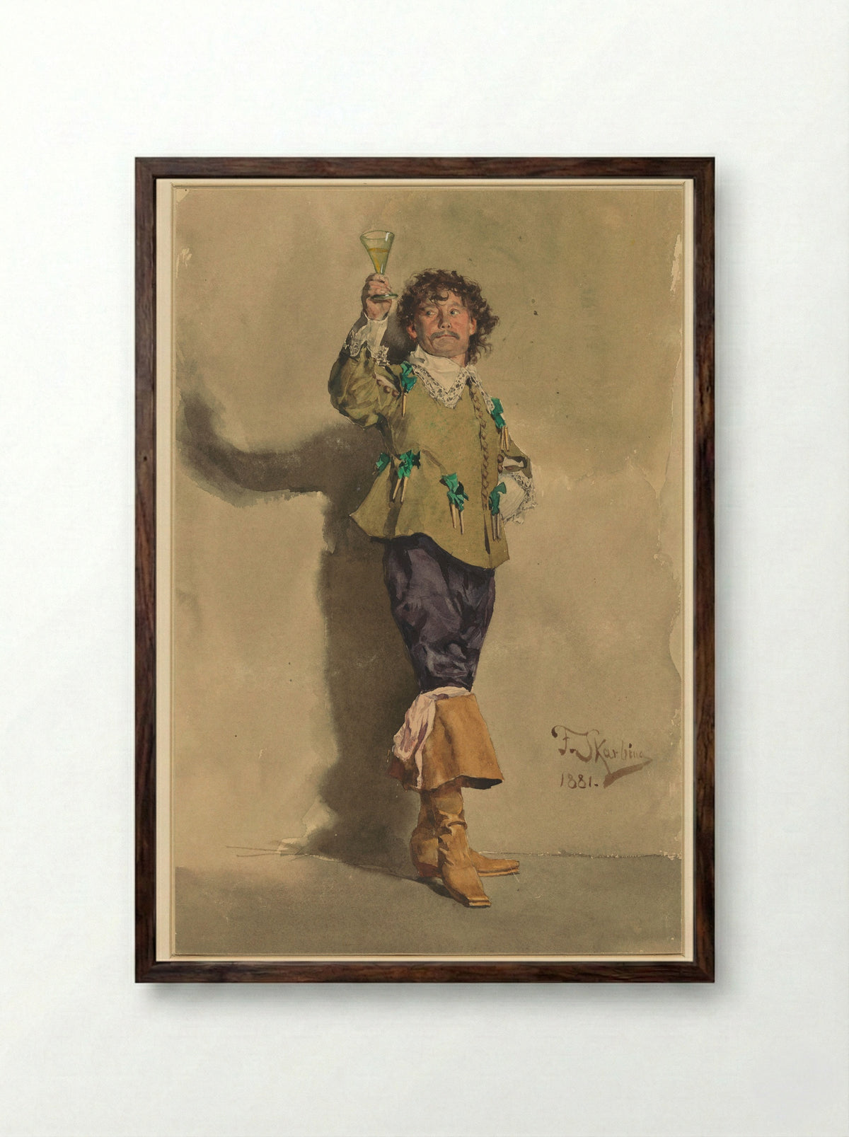 Man in Louis XIII Costume Raising a Glass - Franz Skarbina - Framed Print Dark Wood