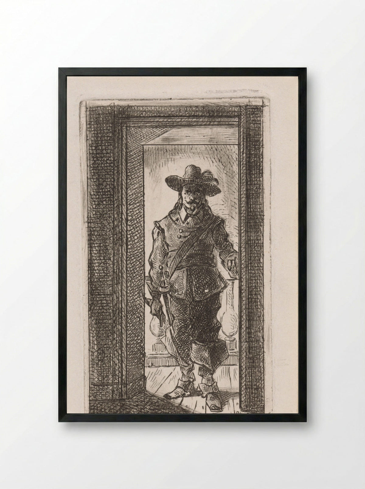 Man in Seventeenth-Century Costume Standing in a Doorway - Jan Gerard Smits - Framed Print Black