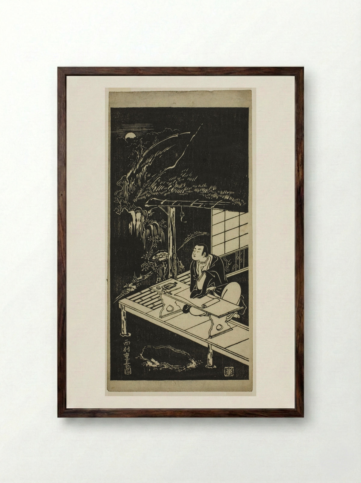 Man in Thatched Hut Viewing the Moon - Nishimura Shigenaga - Framed Print Dark Wood