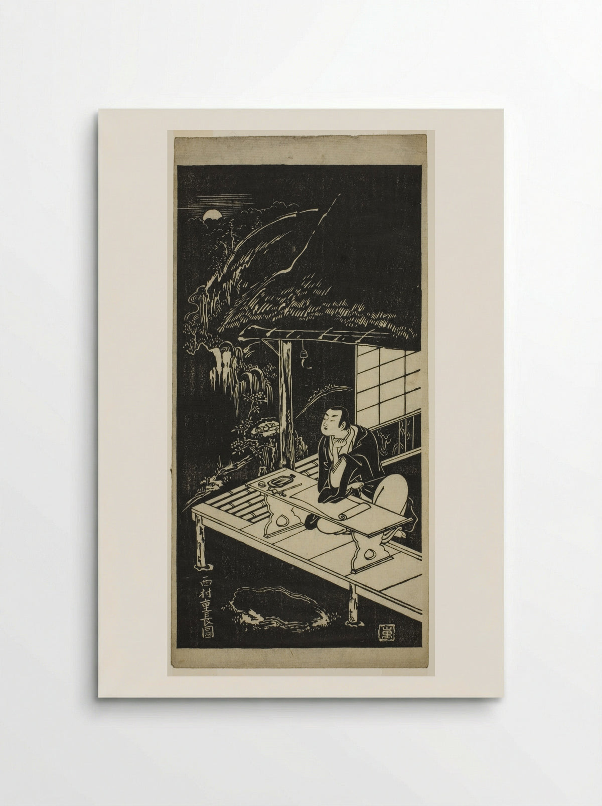 Man in Thatched Hut Viewing the Moon - Nishimura Shigenaga - Poster