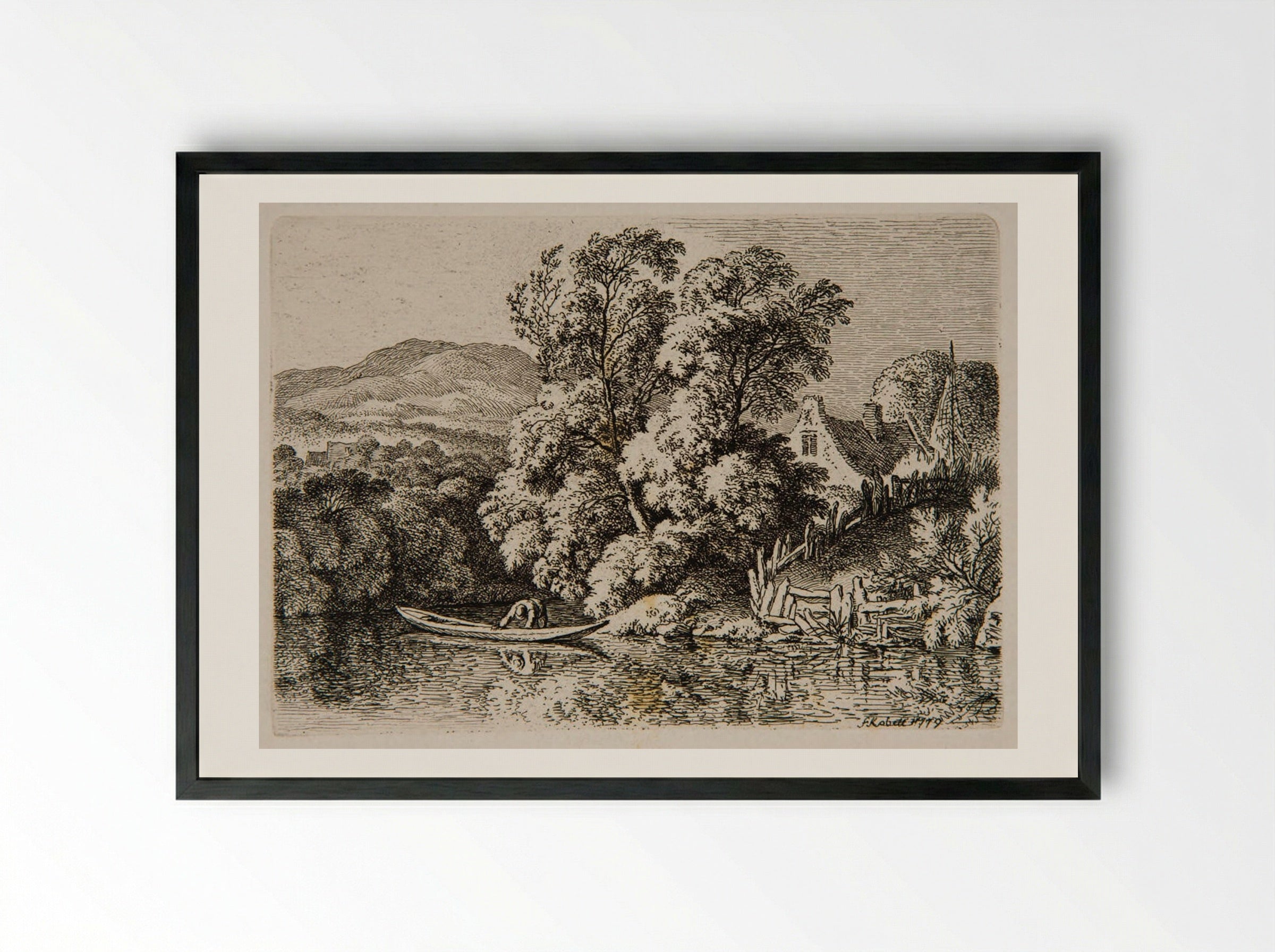 Man in a Boat on the River - Ferdinand Kobell - Framed Print Black