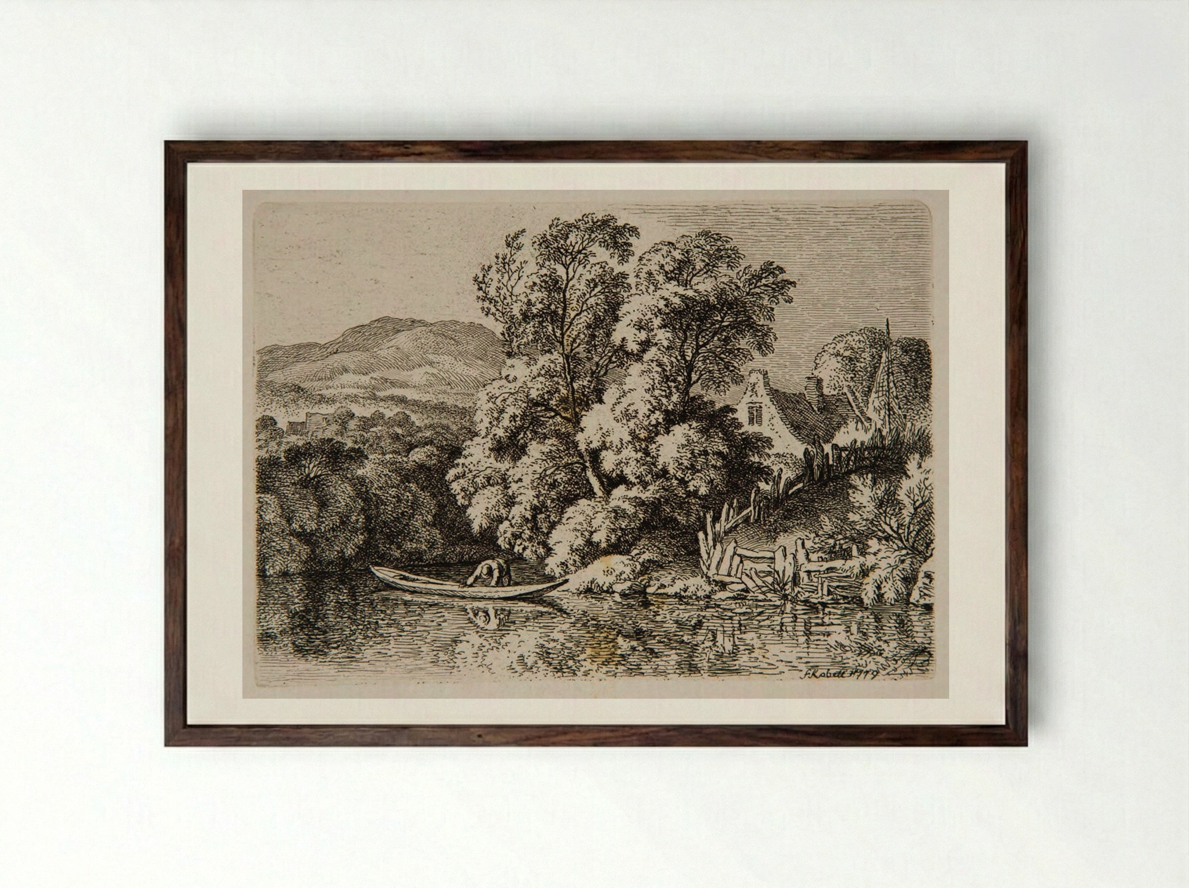 Man in a Boat on the River - Ferdinand Kobell - Framed Print Dark Wood