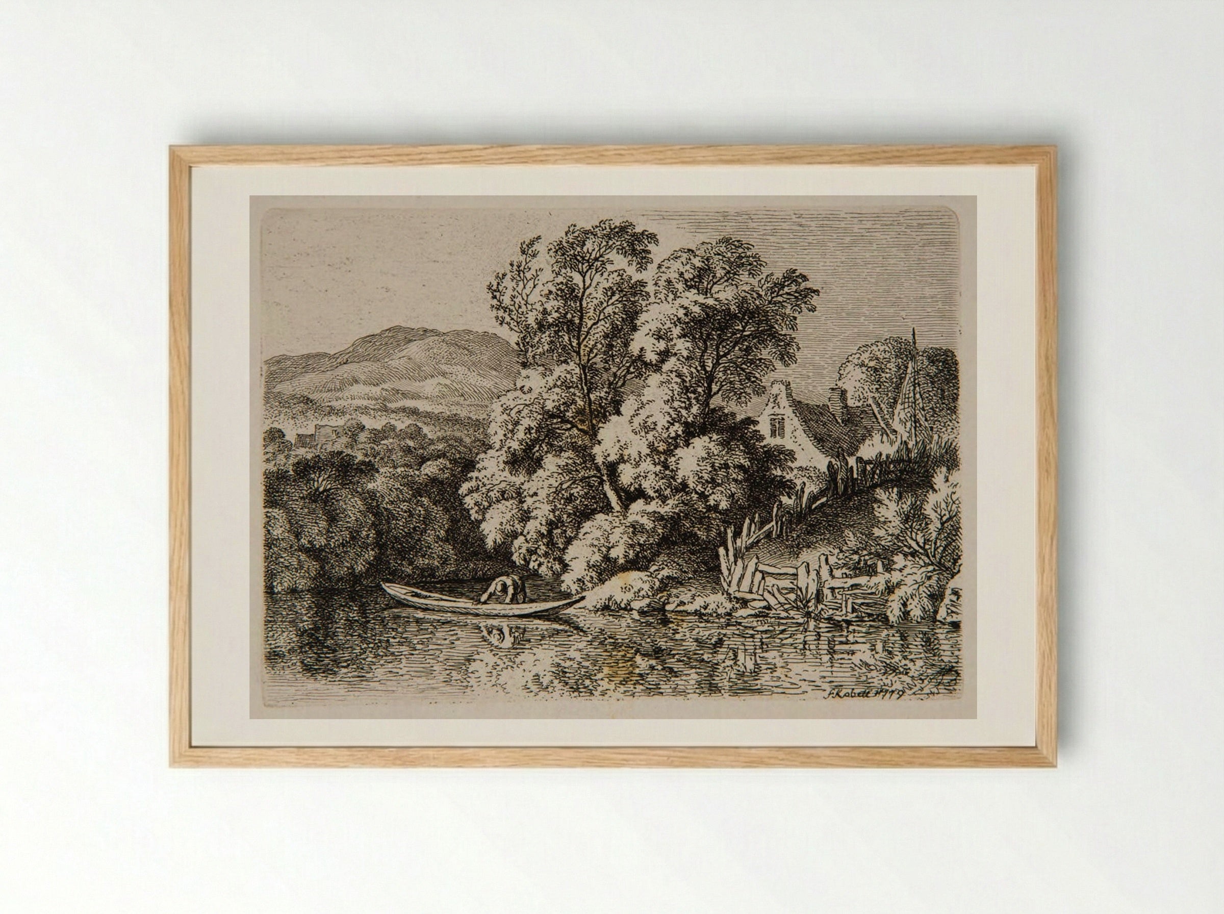 Man in a Boat on the River - Ferdinand Kobell - Framed Print Wood