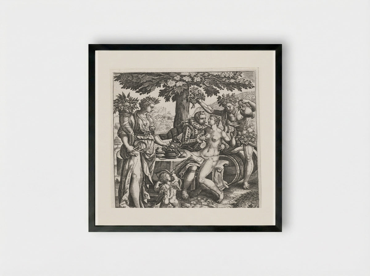 Man in gezelschap van Venus, Ceres en Bacchus - Johann Theodor de Bry - Framed Print Black