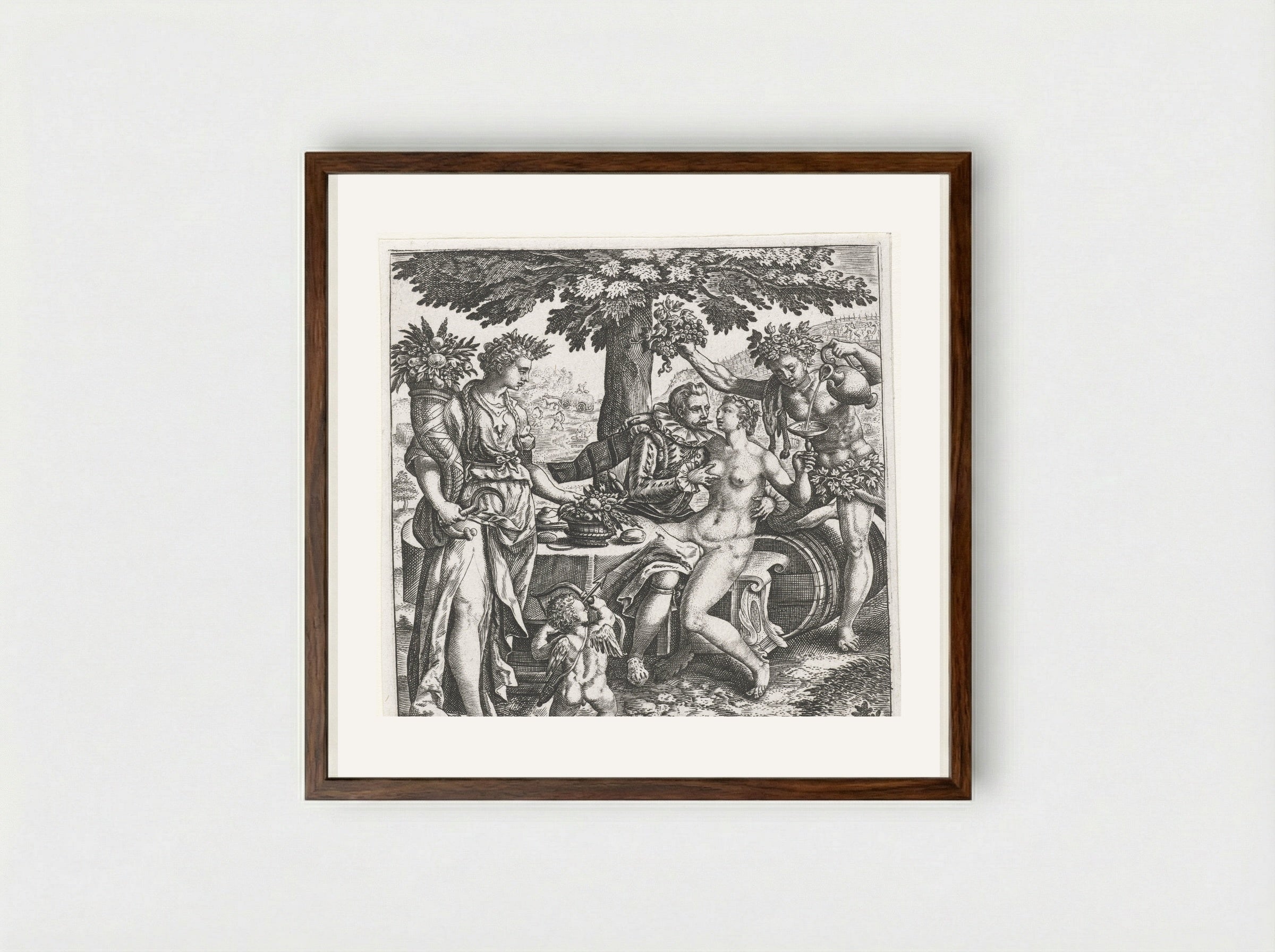 Man in gezelschap van Venus, Ceres en Bacchus - Johann Theodor de Bry - Framed Print Dark Wood