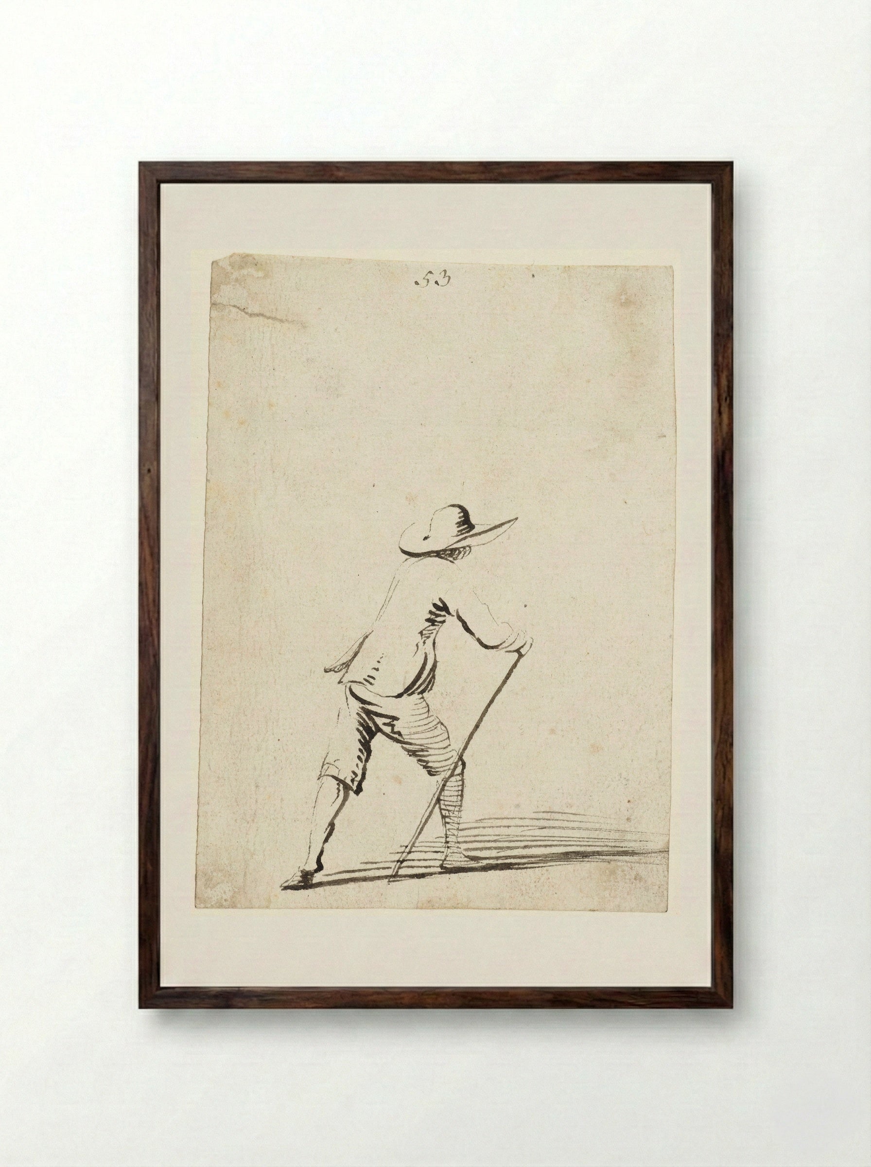 Man leunend op een stok terwijl hij naar rechts loopt, van achteren - Harmen ter Borch - Framed Print Dark Wood