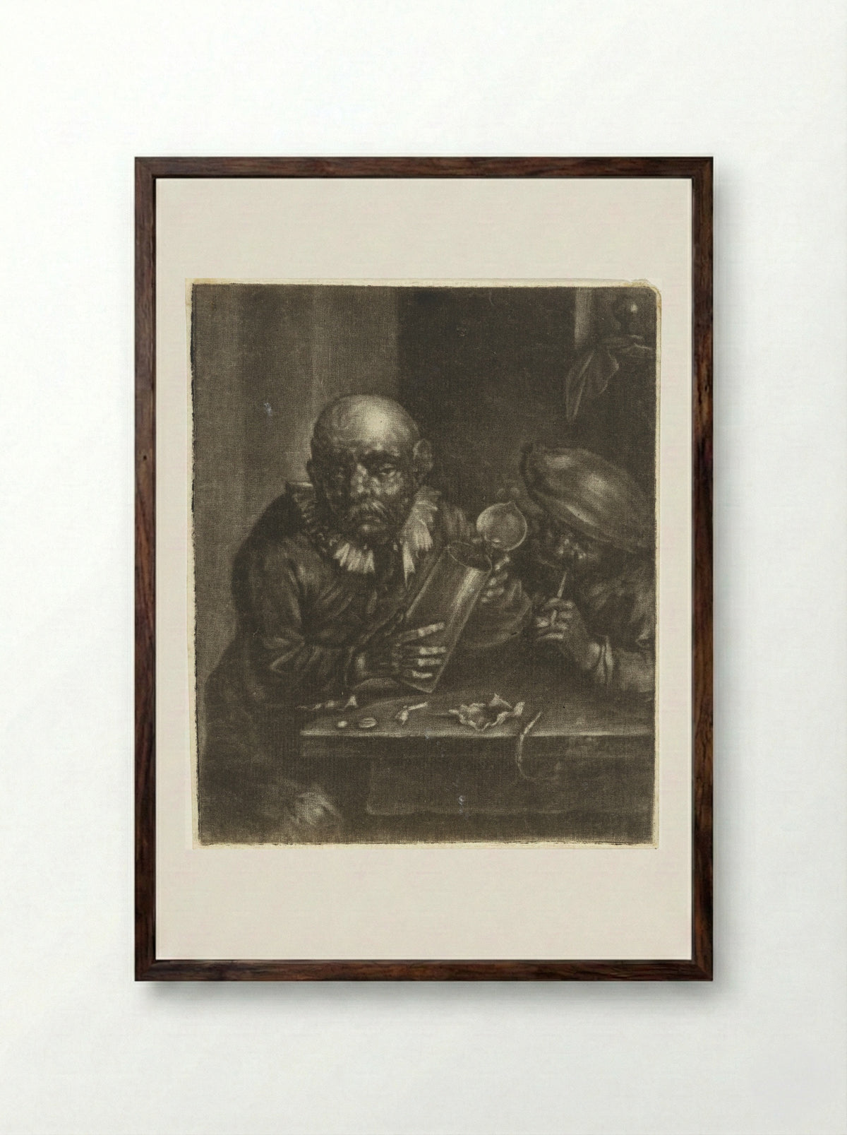 Man met een bierkan en een roker - Marcellus Laroon - Framed Print Dark Wood