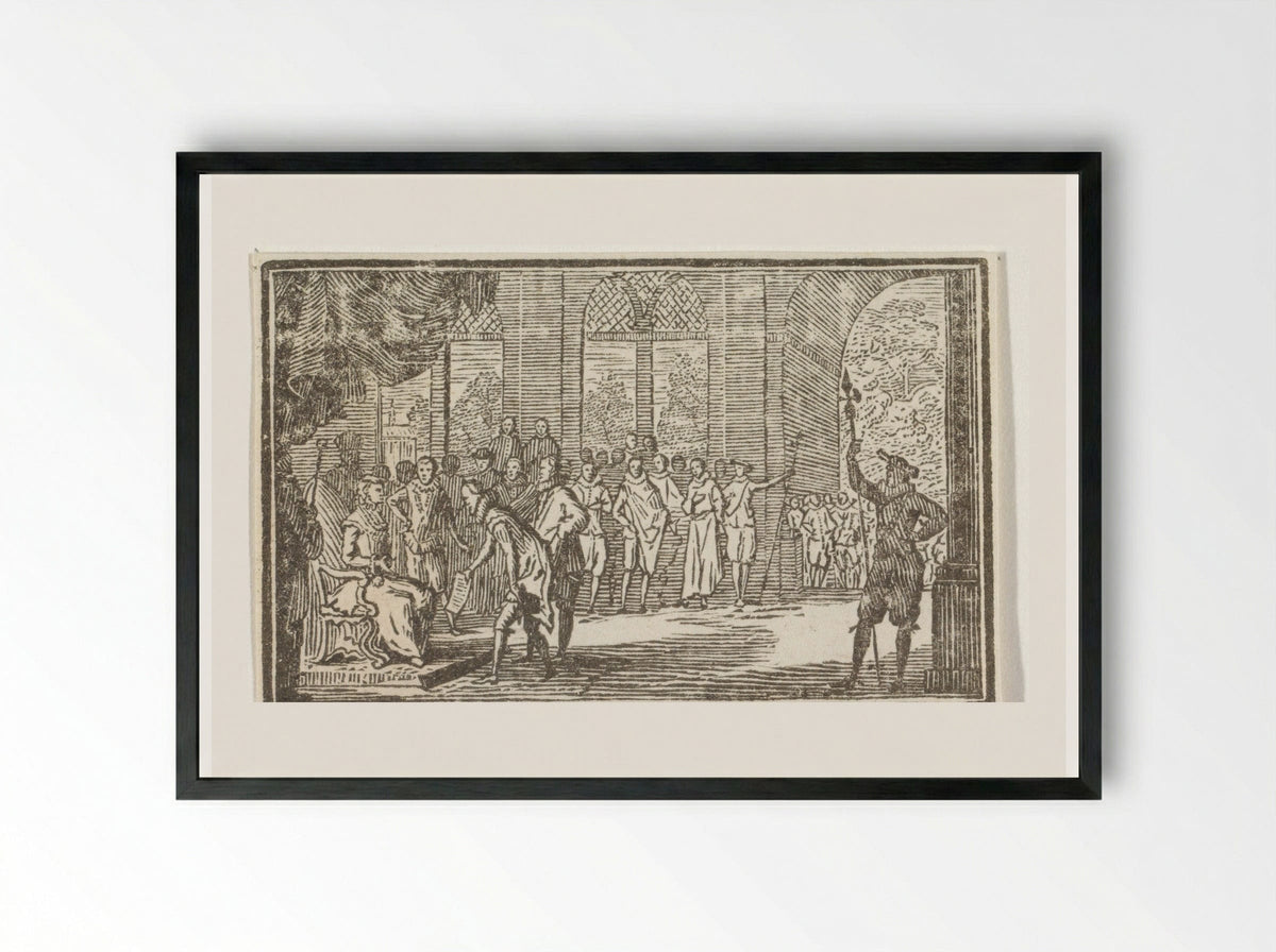 Man met een kraag biedt een vrouw op een troon een document aan - Cornelis van Noorde - Framed Print Black