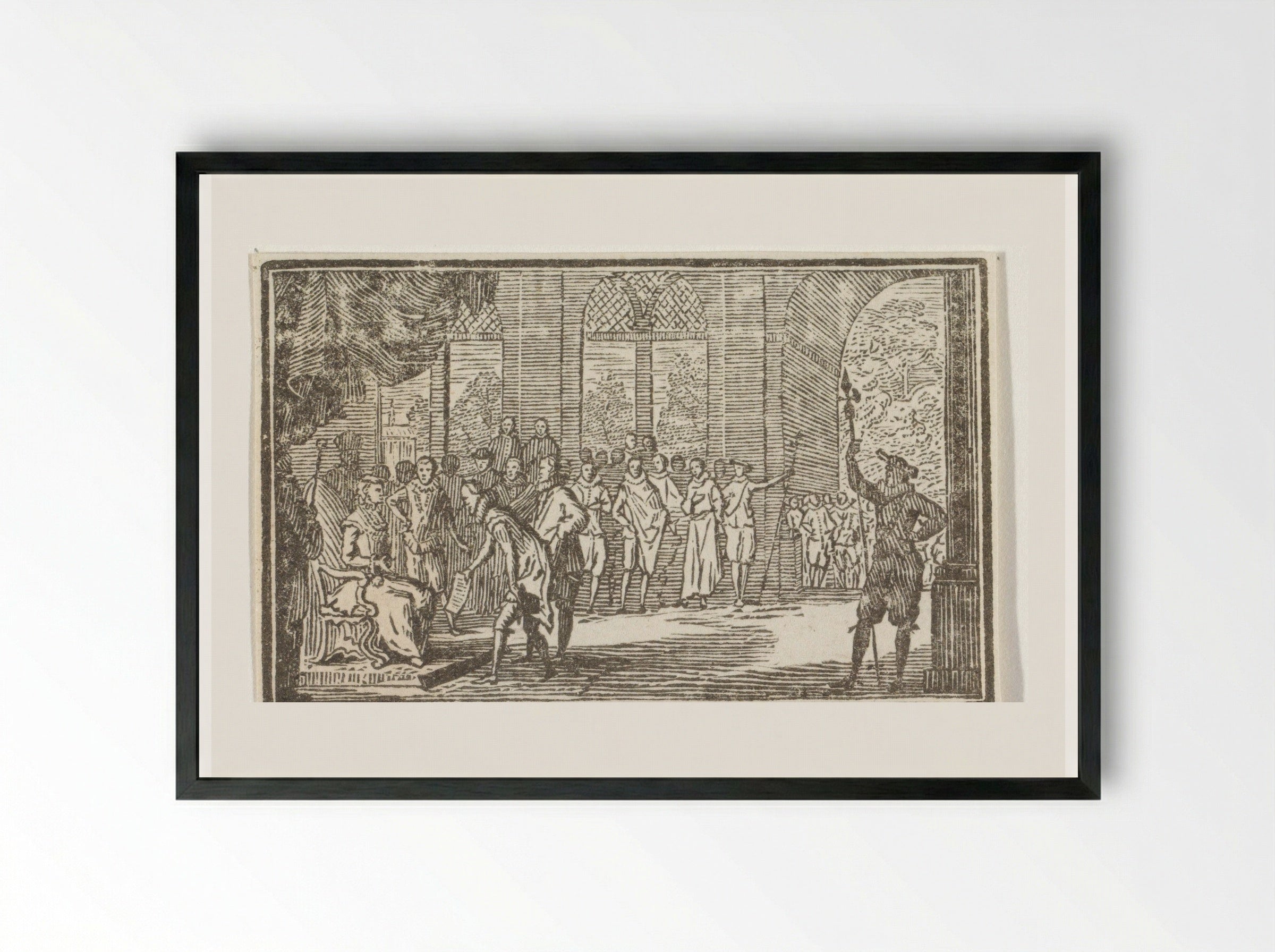 Man met een kraag biedt een vrouw op een troon een document aan - Cornelis van Noorde - Framed Print Black