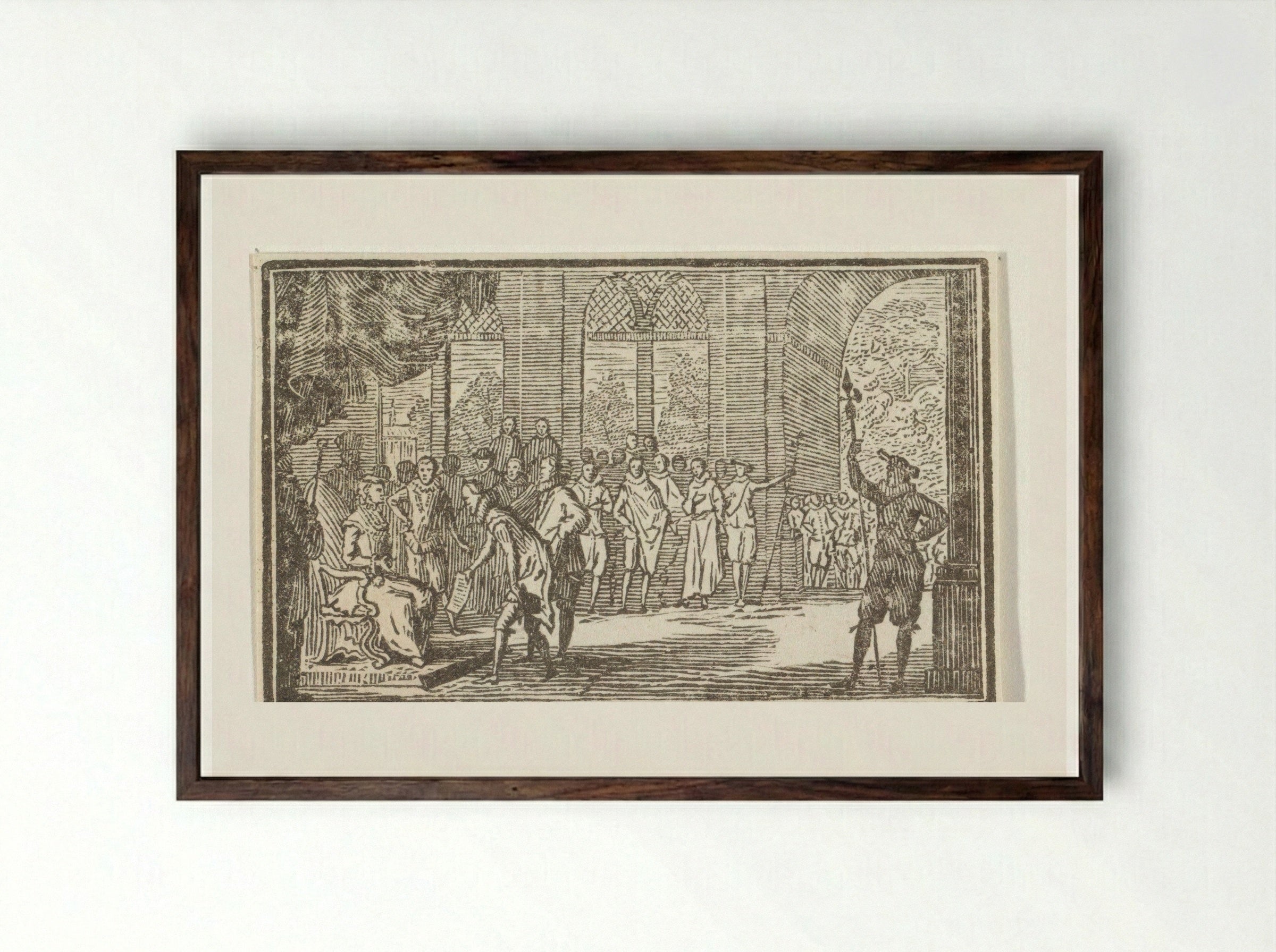 Man met een kraag biedt een vrouw op een troon een document aan - Cornelis van Noorde - Framed Print Dark Wood