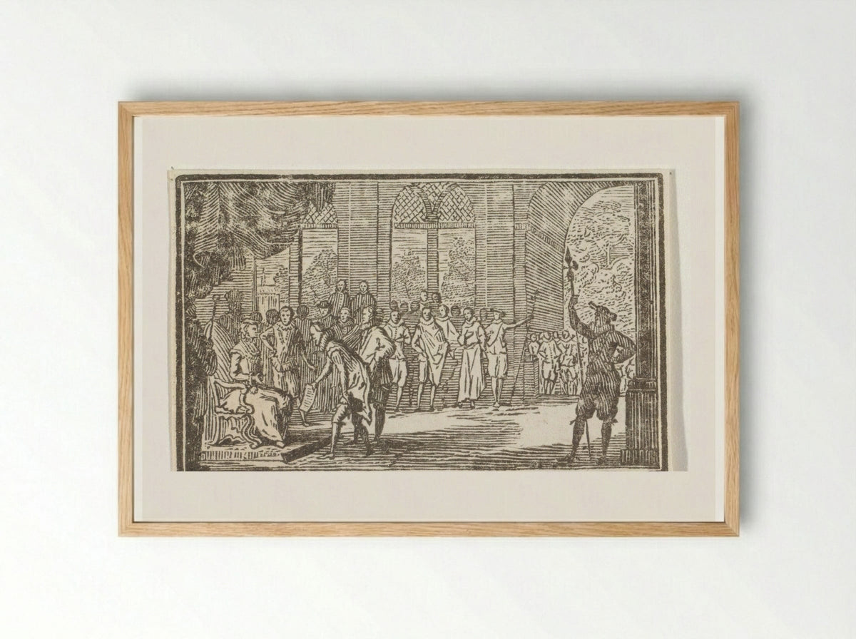 Man met een kraag biedt een vrouw op een troon een document aan - Cornelis van Noorde - Framed Print Wood