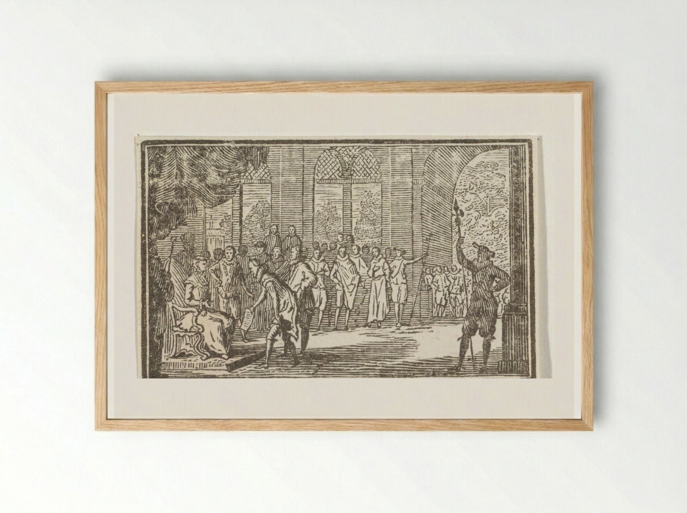 Man met een kraag biedt een vrouw op een troon een document aan - Cornelis van Noorde - Framed Print Wood