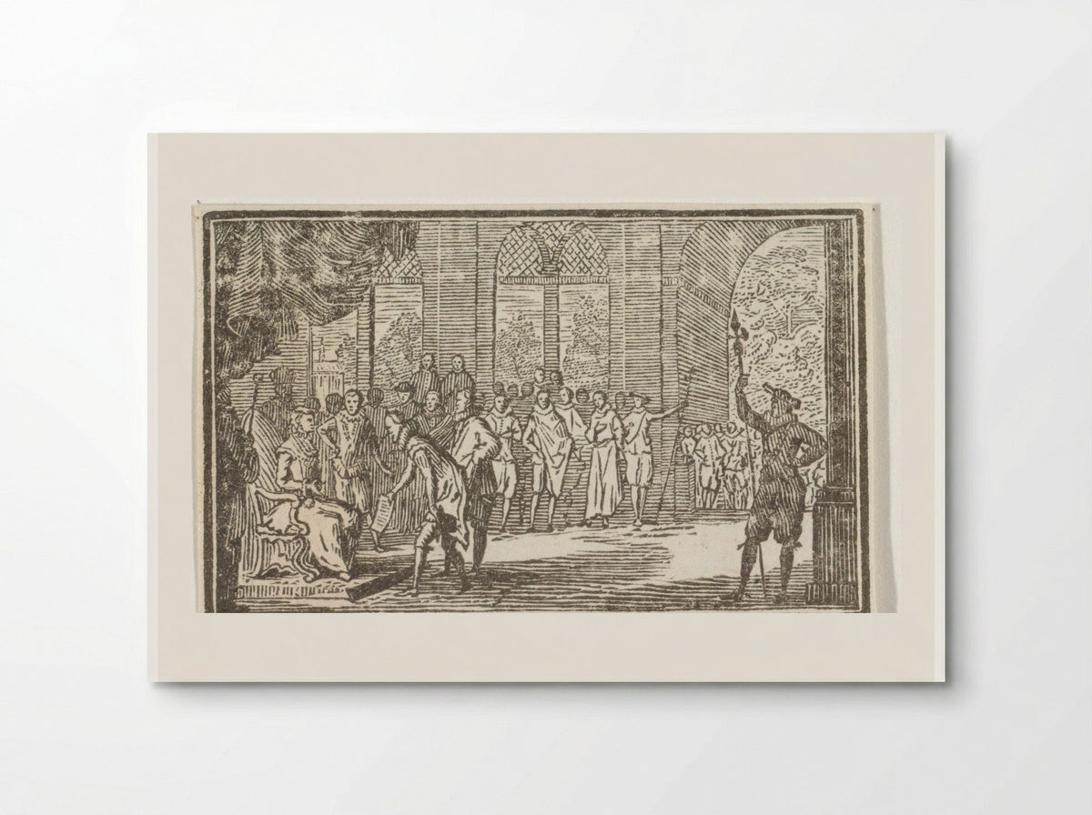 Man met een kraag biedt een vrouw op een troon een document aan - Cornelis van Noorde - Poster