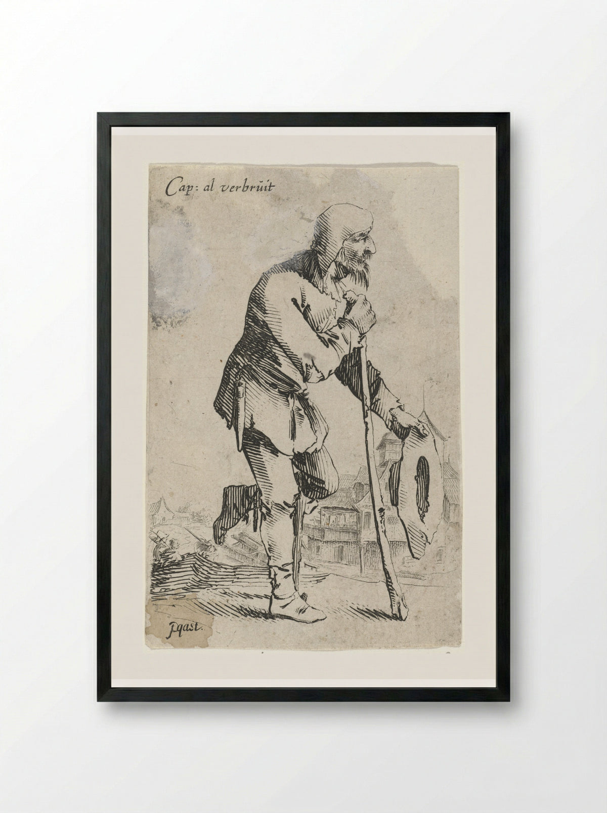Man met hoed in de hand, leunend op een kniekruk en stok - Salomon Savery - Framed Print Black