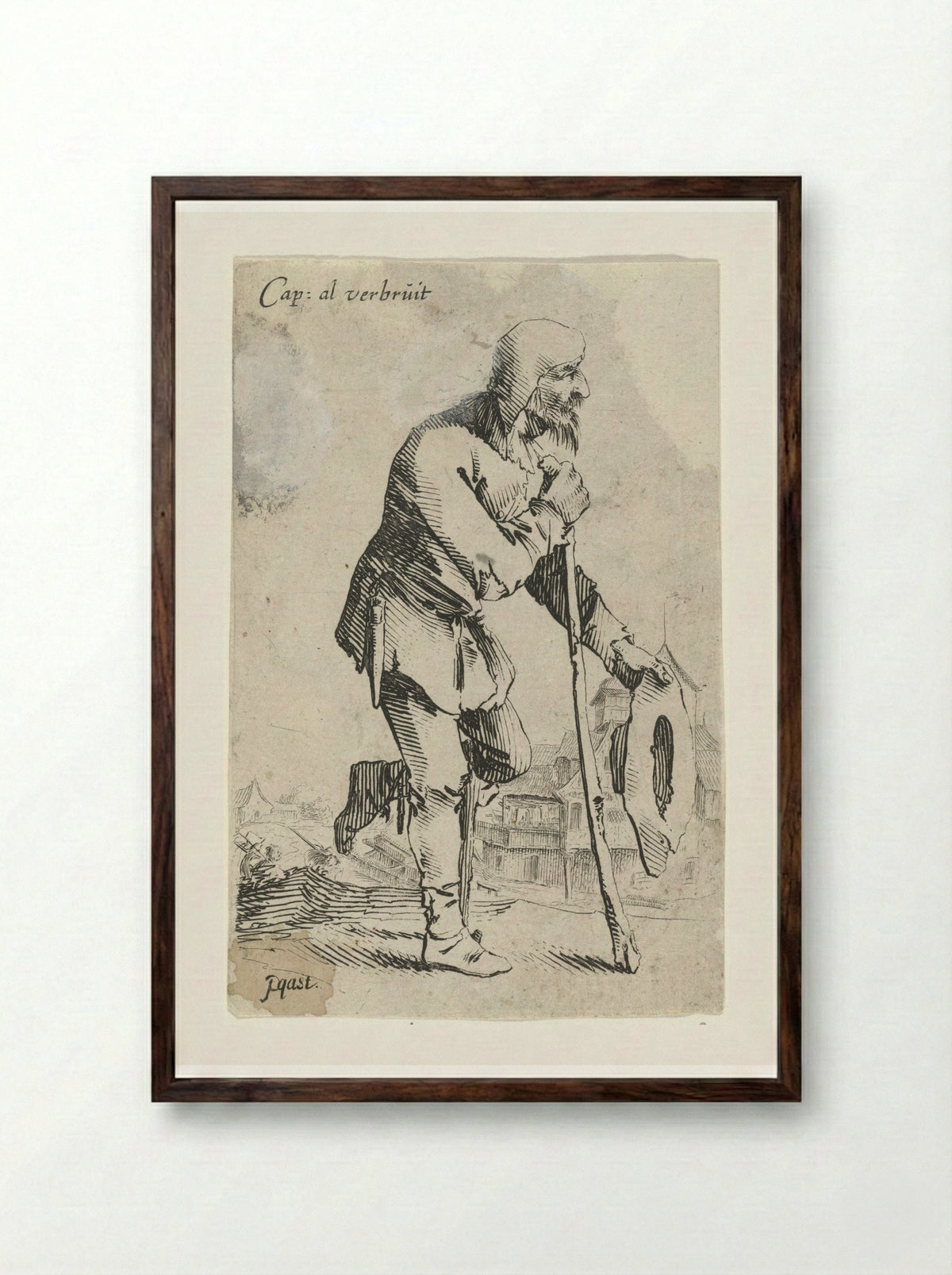 Man met hoed in de hand, leunend op een kniekruk en stok - Salomon Savery - Framed Print Dark Wood