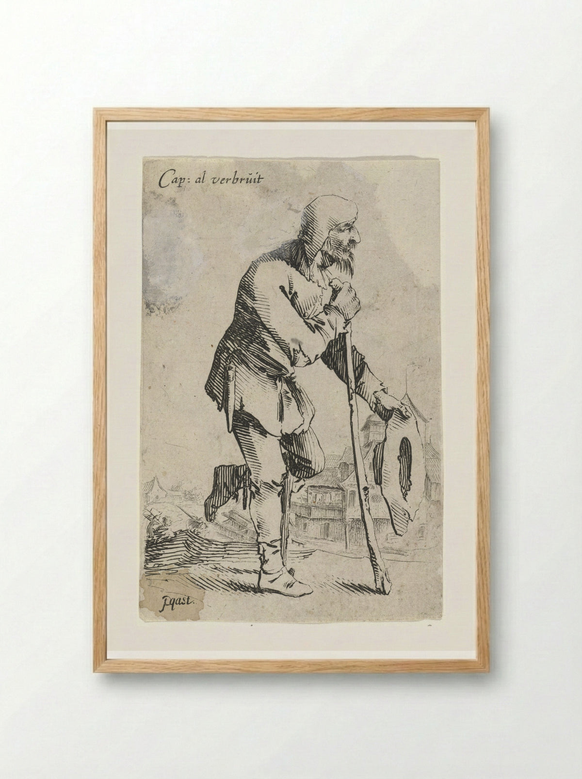 Man met hoed in de hand, leunend op een kniekruk en stok - Salomon Savery - Framed Print Wood