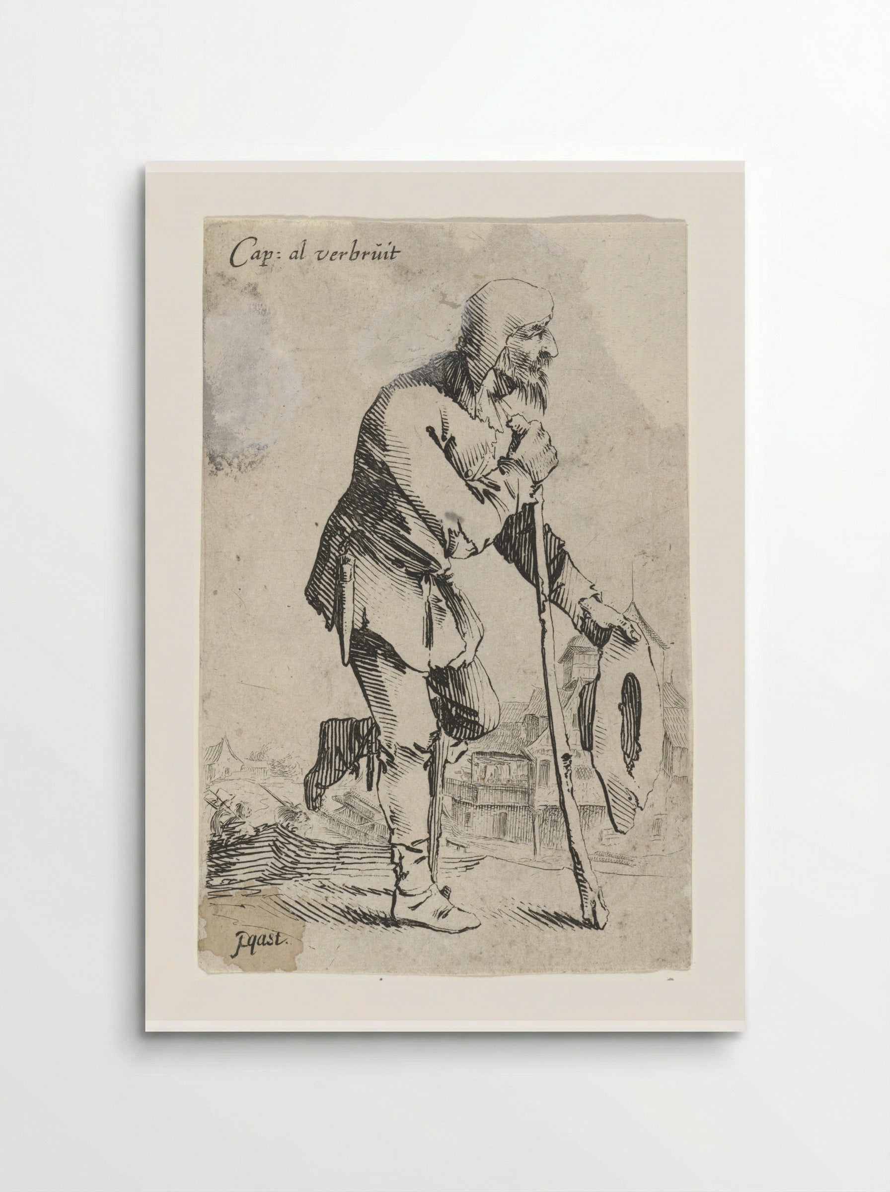 Man met hoed in de hand, leunend op een kniekruk en stok - Salomon Savery - Poster