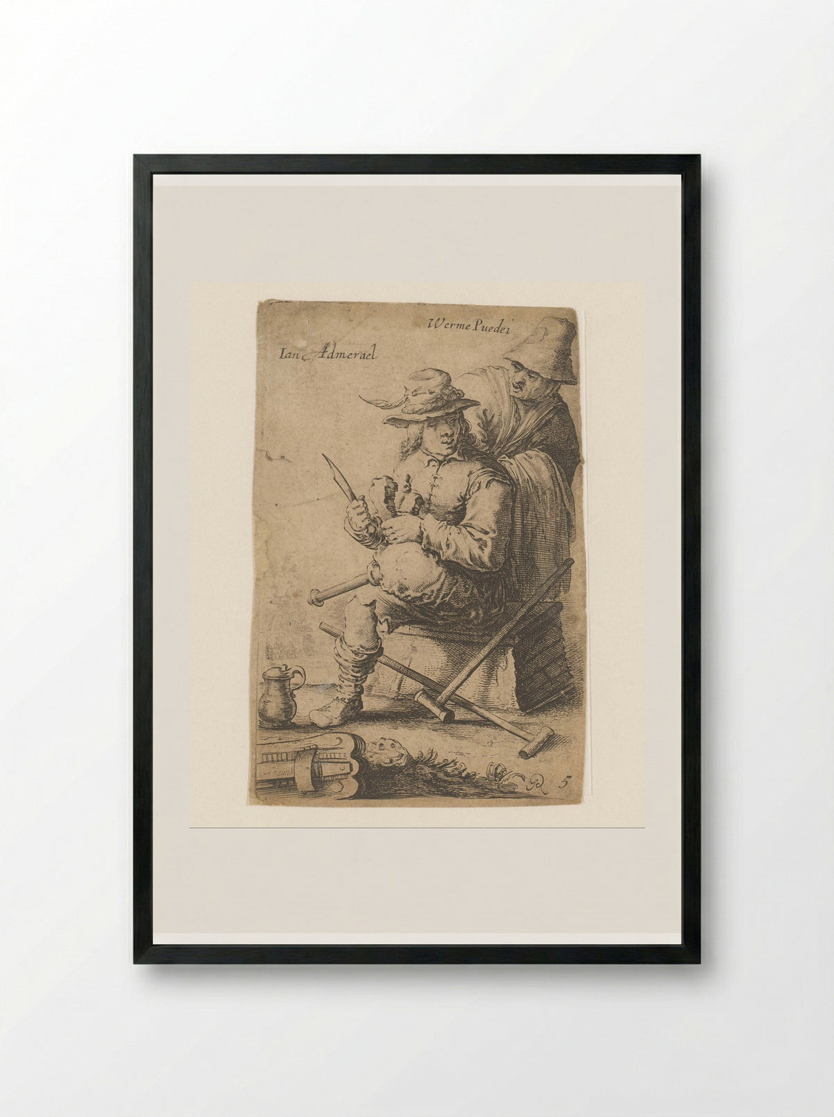 Man met houten been en een oude vrouw - Salomon Savery - Framed Print Black