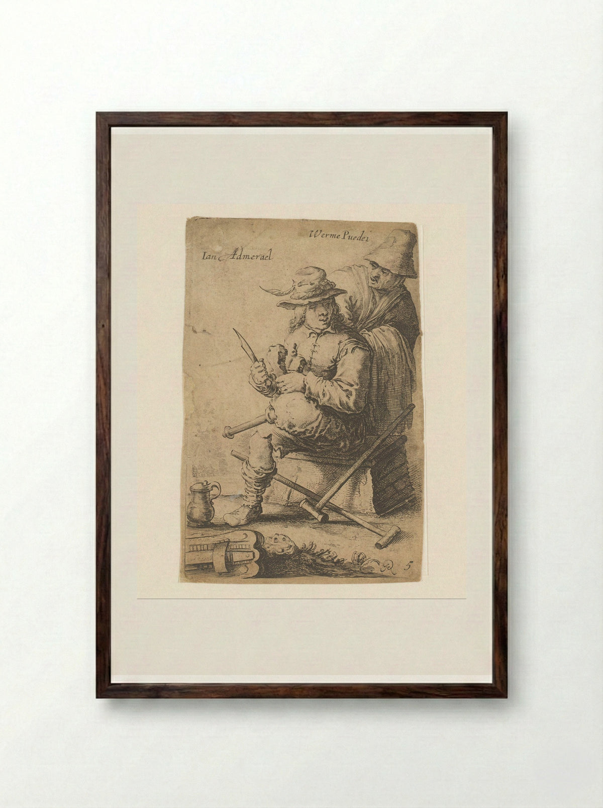 Man met houten been en een oude vrouw - Salomon Savery - Framed Print Dark Wood