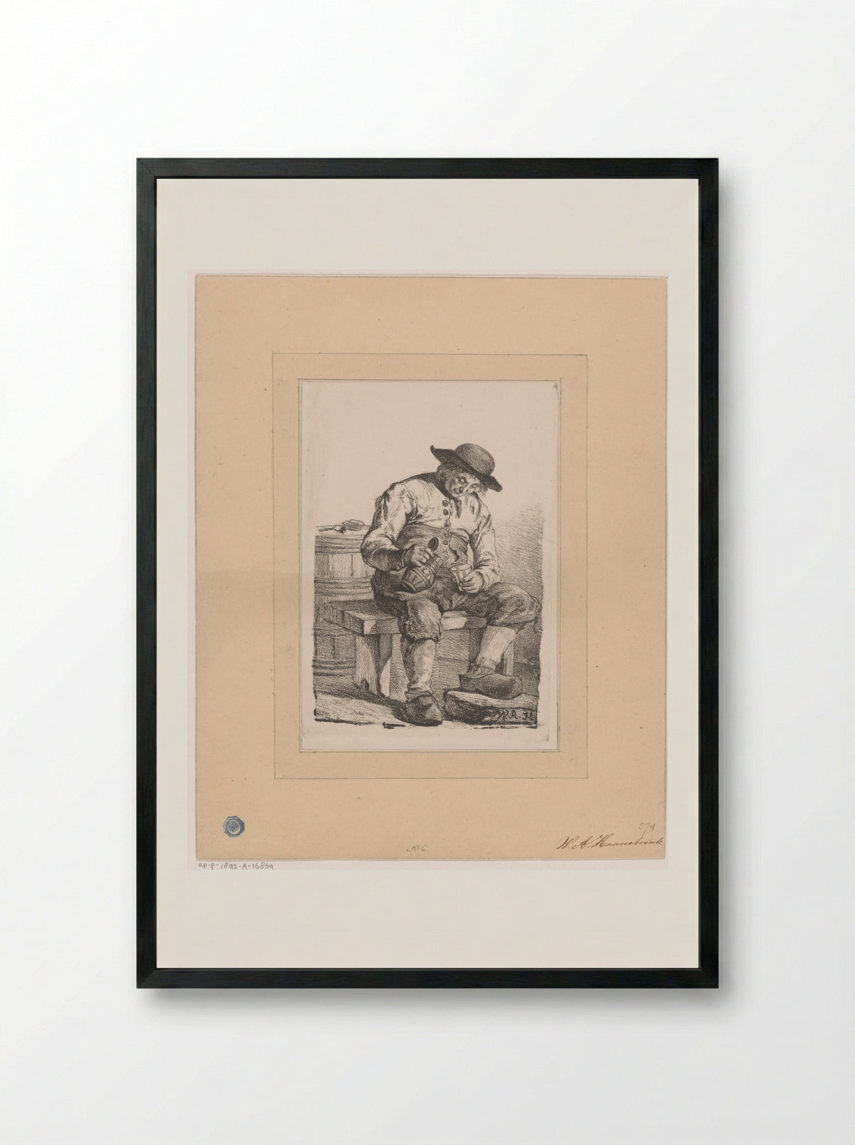 Man met kruik en glas - Willem Albertus Haanebrink - Framed Print Black