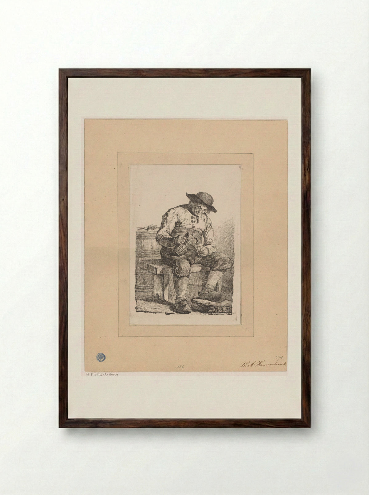 Man met kruik en glas - Willem Albertus Haanebrink - Framed Print Dark Wood
