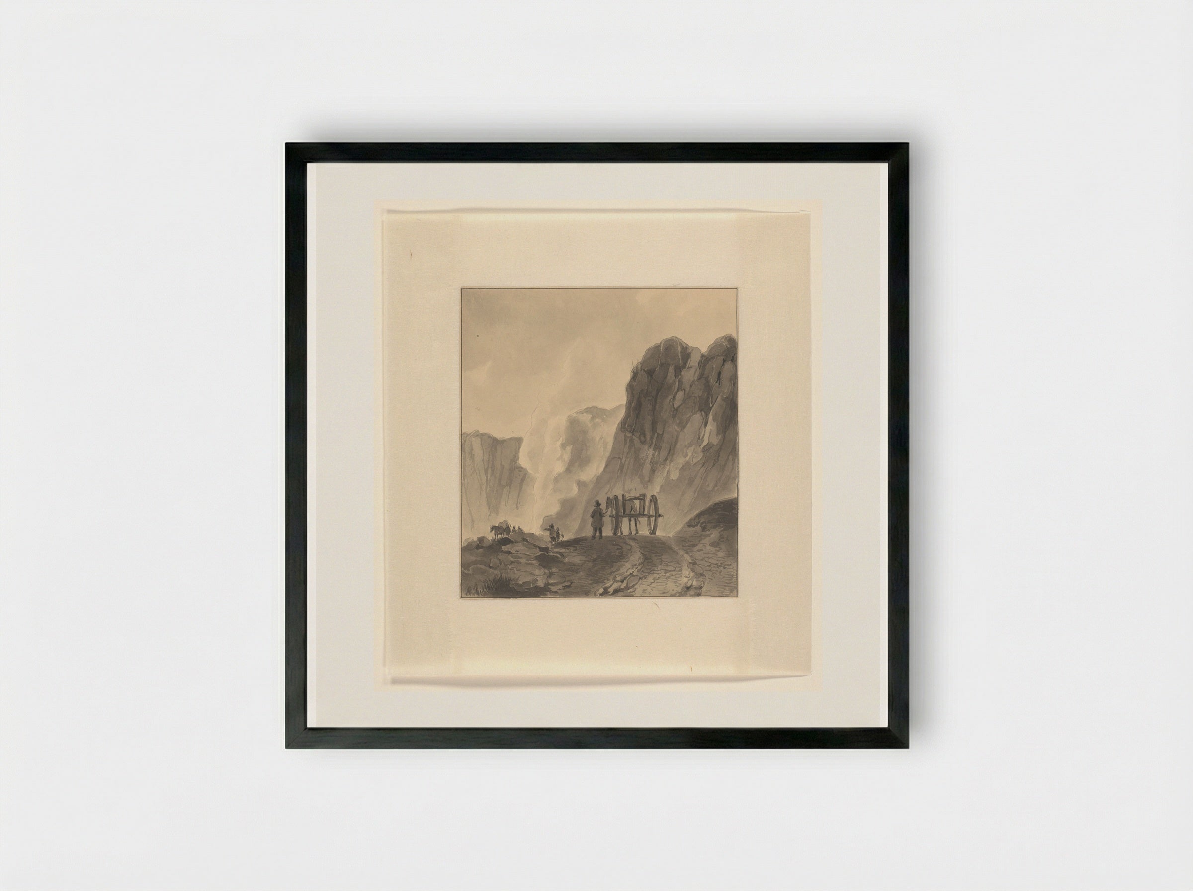Man met paard en wagen in een berglandschap - Johannes van Reijn - Framed Print Black