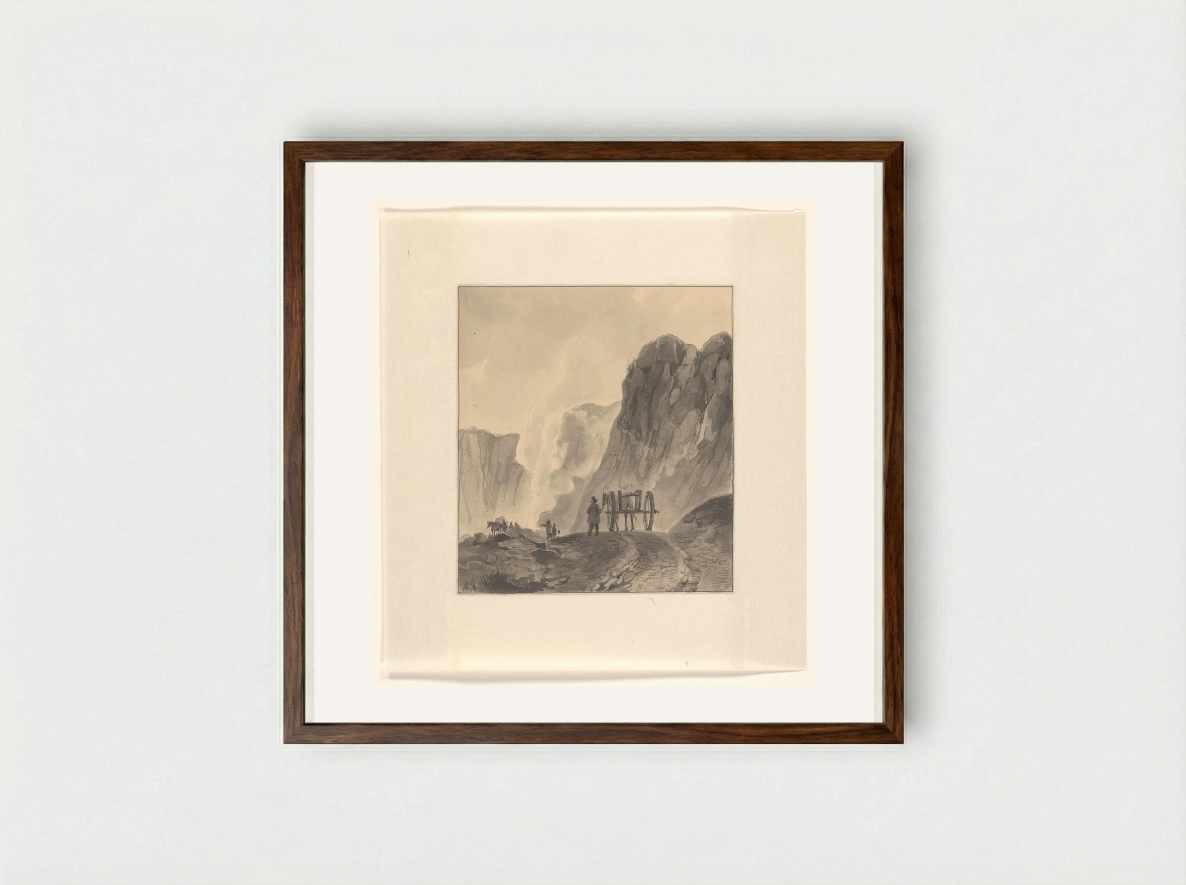 Man met paard en wagen in een berglandschap - Johannes van Reijn - Framed Print Dark Wood