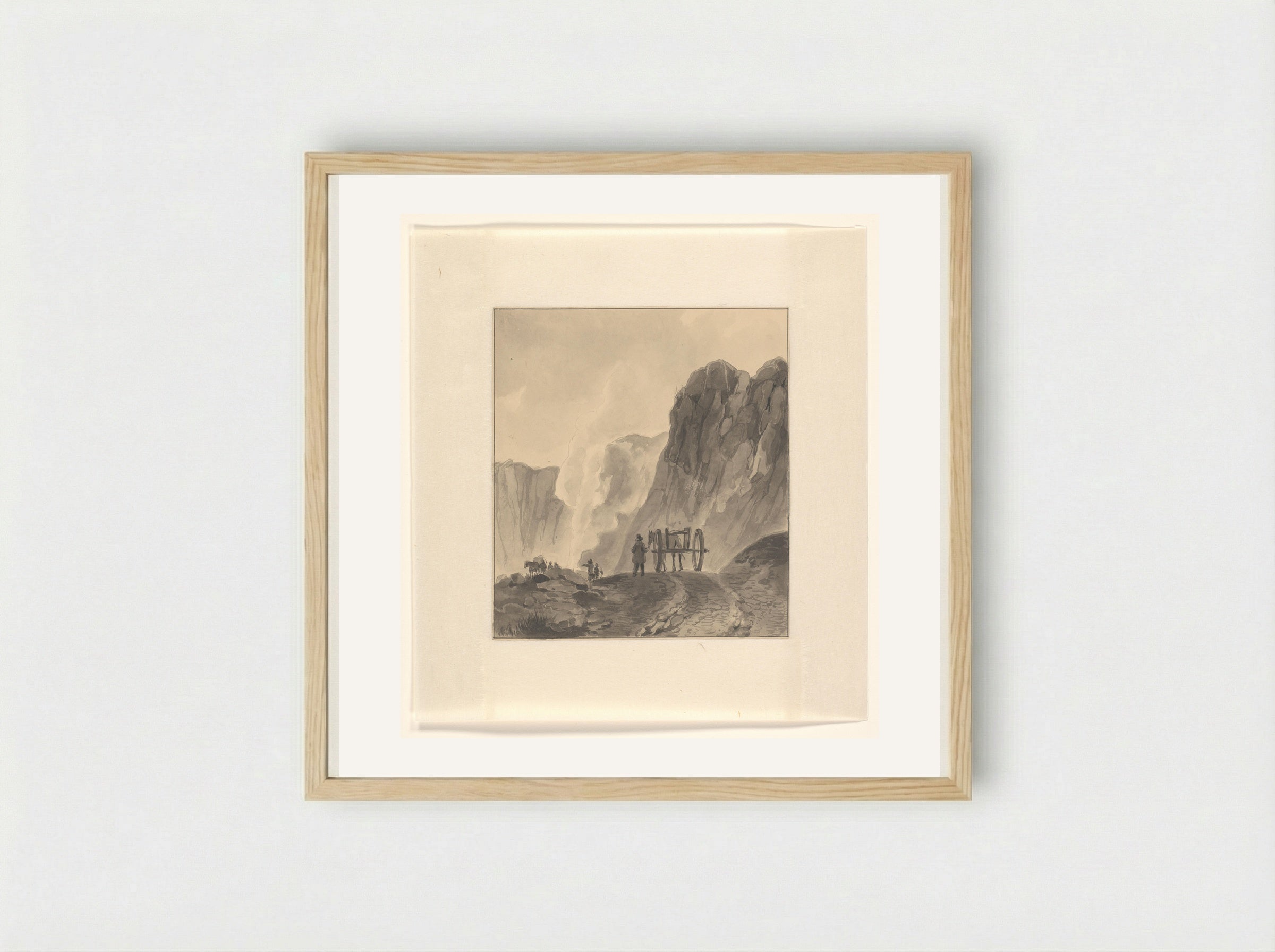 Man met paard en wagen in een berglandschap - Johannes van Reijn - Framed Print Wood