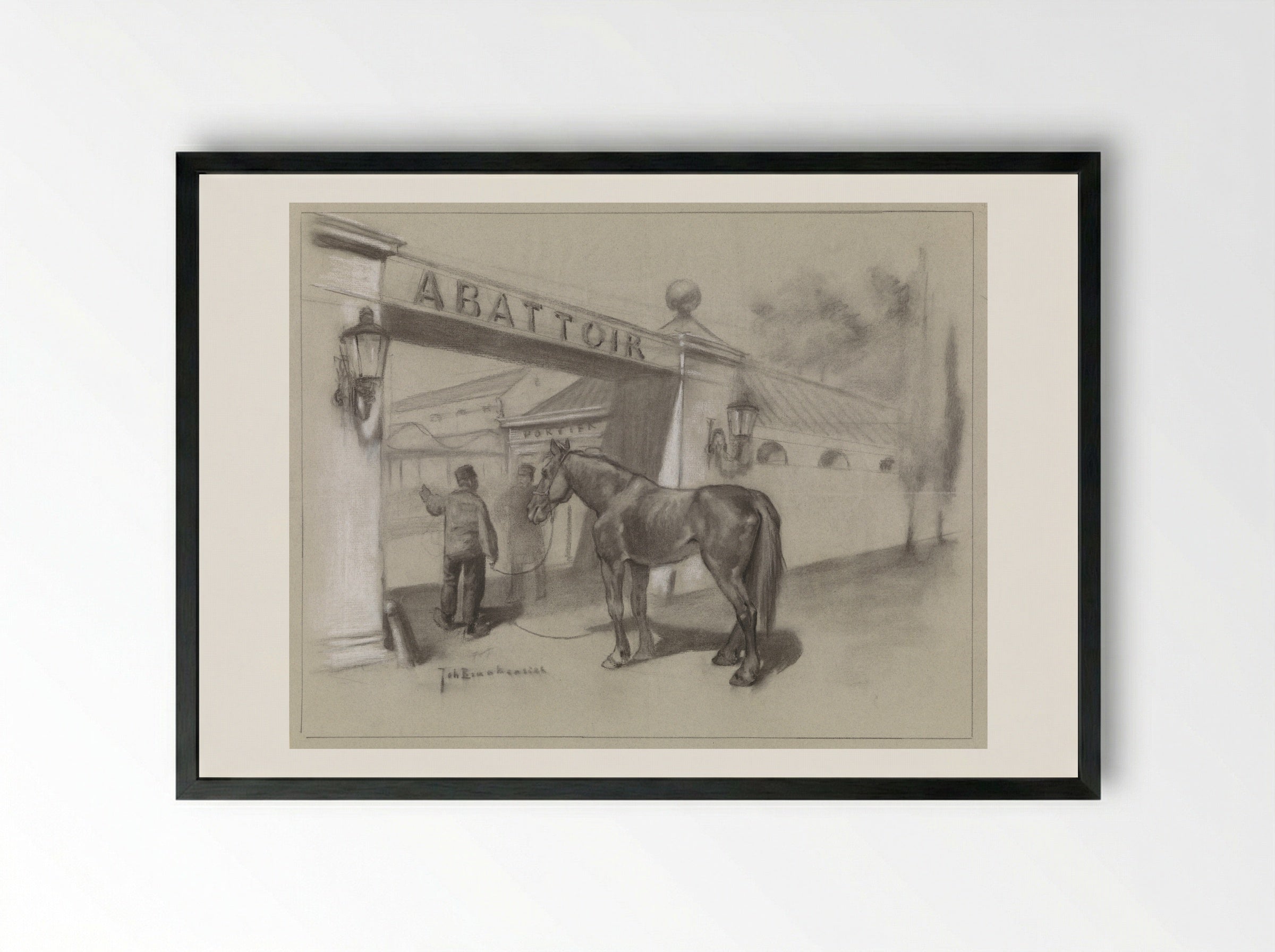 Man met paard voor de ingang van het abattoir - Johan Braakensiek - Framed Print Black