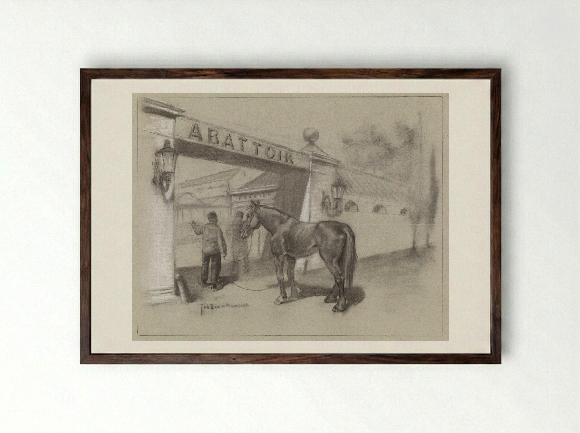 Man met paard voor de ingang van het abattoir - Johan Braakensiek - Framed Print Dark Wood