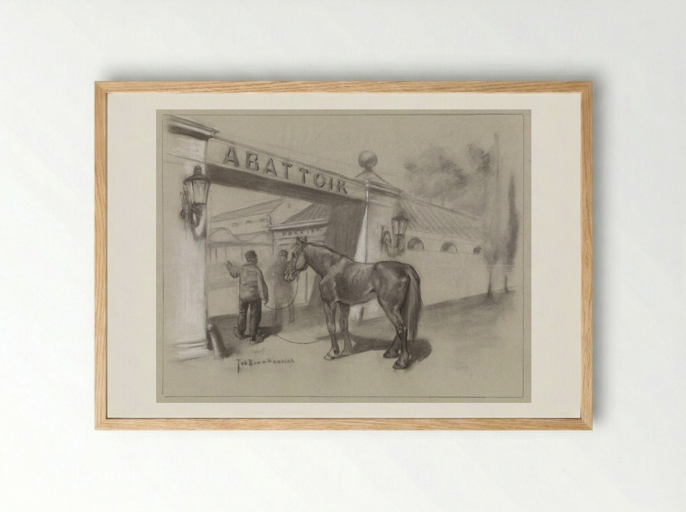 Man met paard voor de ingang van het abattoir - Johan Braakensiek - Framed Print Wood