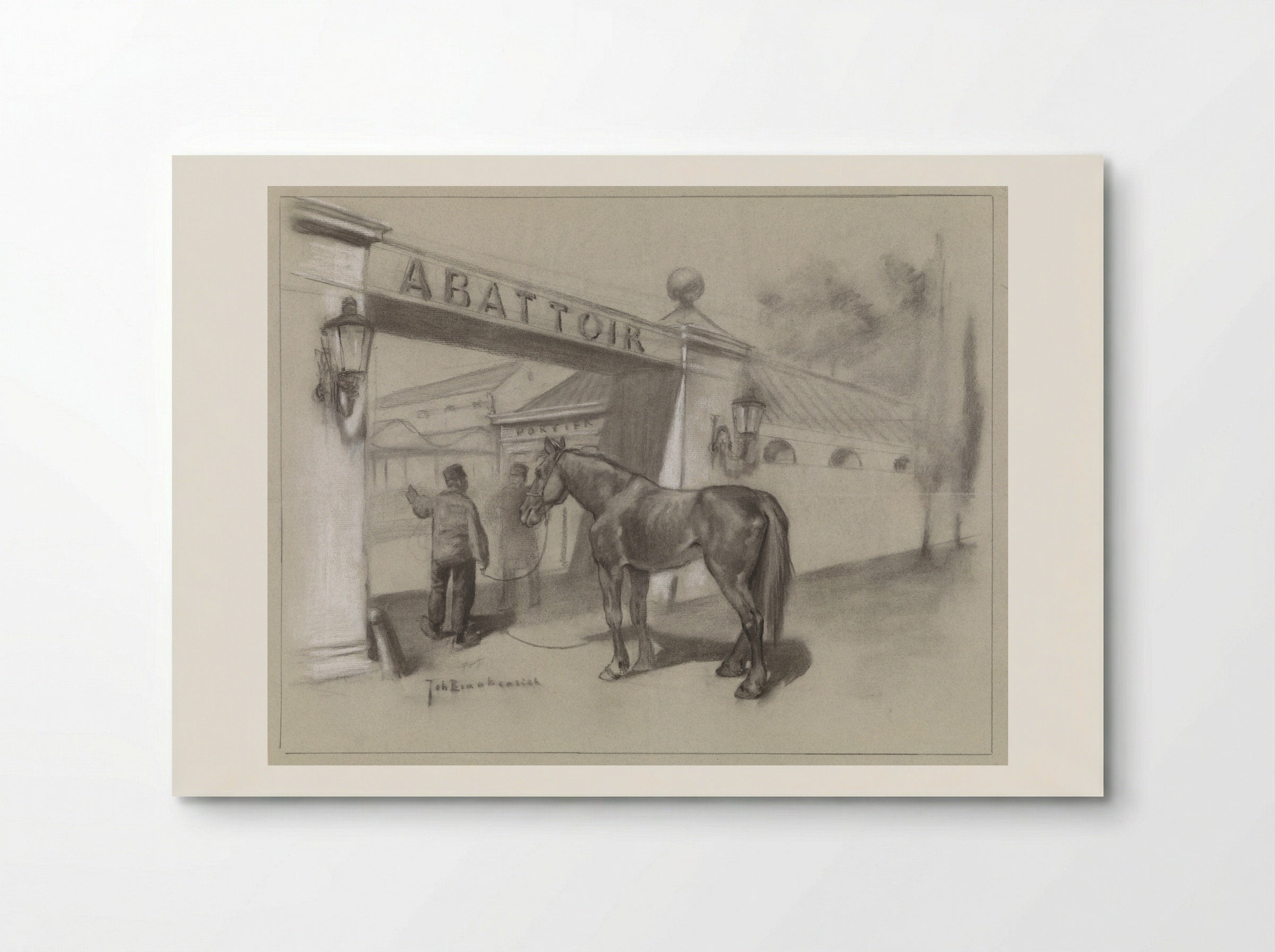 Man met paard voor de ingang van het abattoir - Johan Braakensiek - Poster