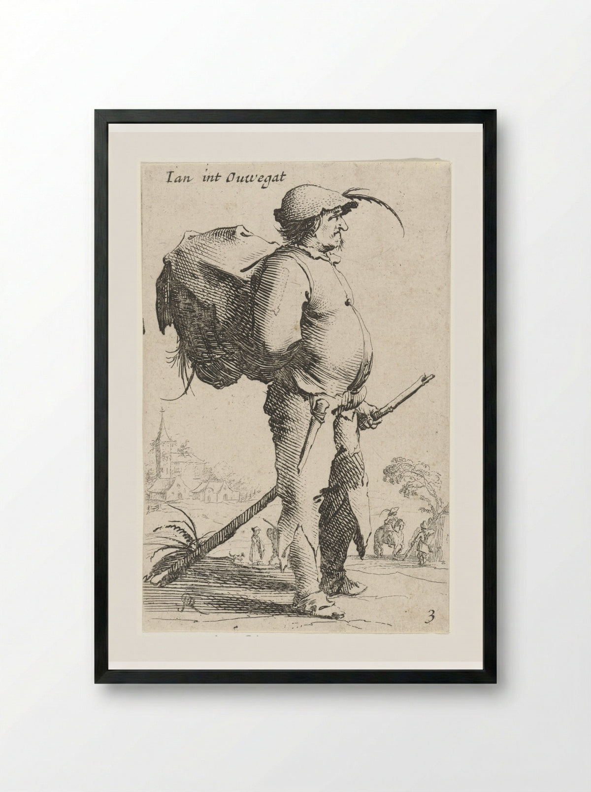 Man met rugzak en stok, gezien en profil - Salomon Savery - Framed Print Black