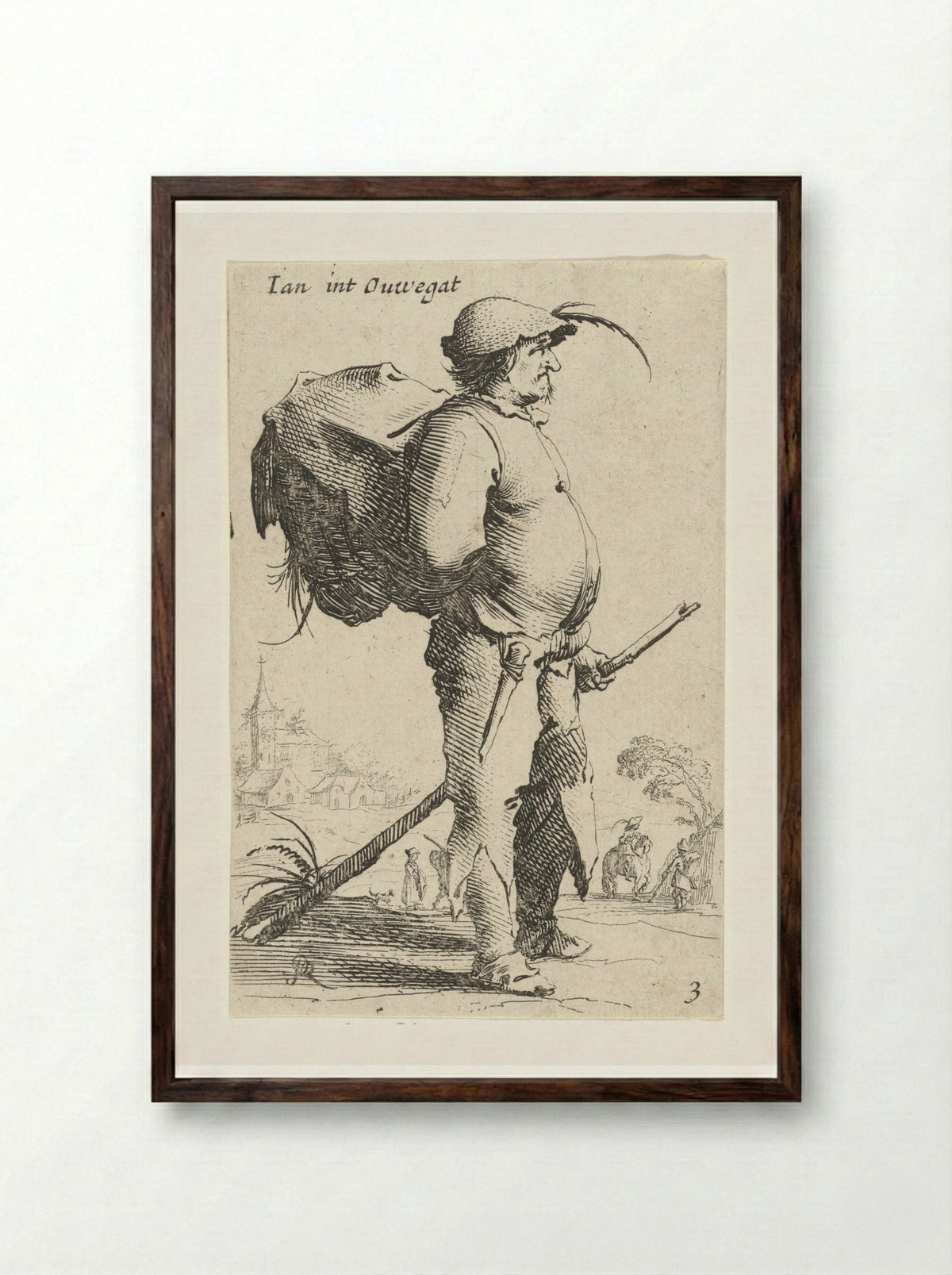Man met rugzak en stok, gezien en profil - Salomon Savery - Framed Print Dark Wood