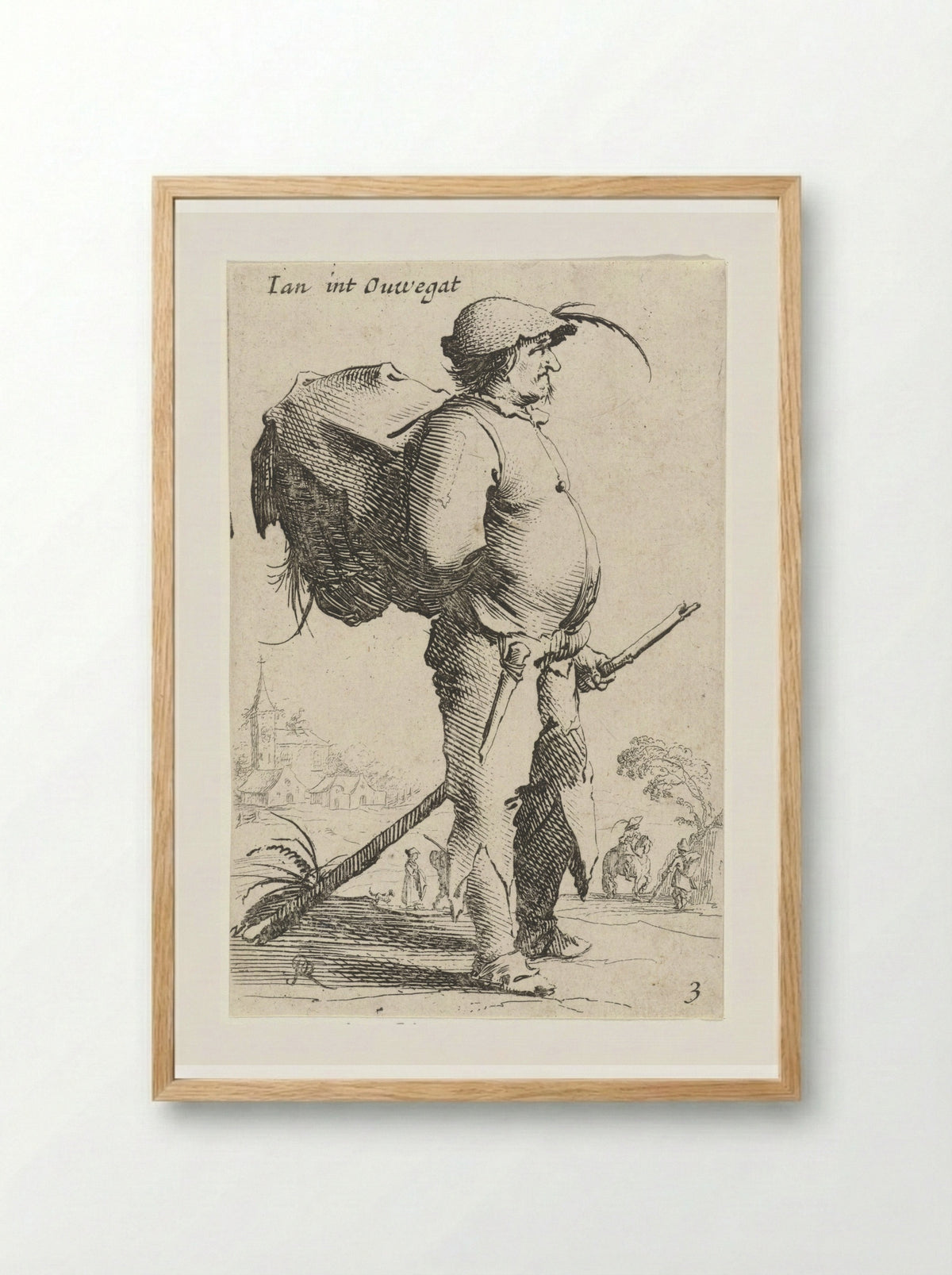 Man met rugzak en stok, gezien en profil - Salomon Savery - Framed Print Wood
