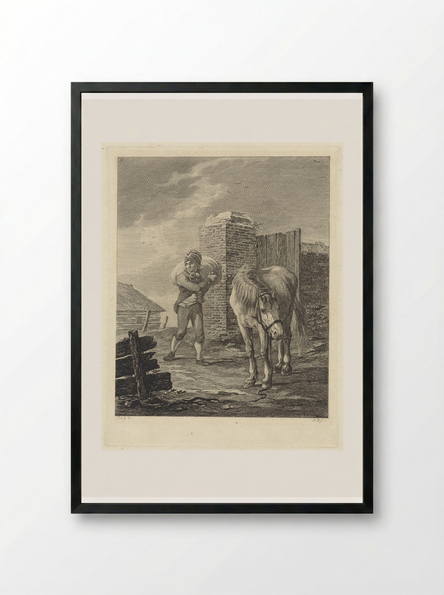 Man met zak op schouder bij ongezadeld paard - Joannes Bemme - Framed Print Black