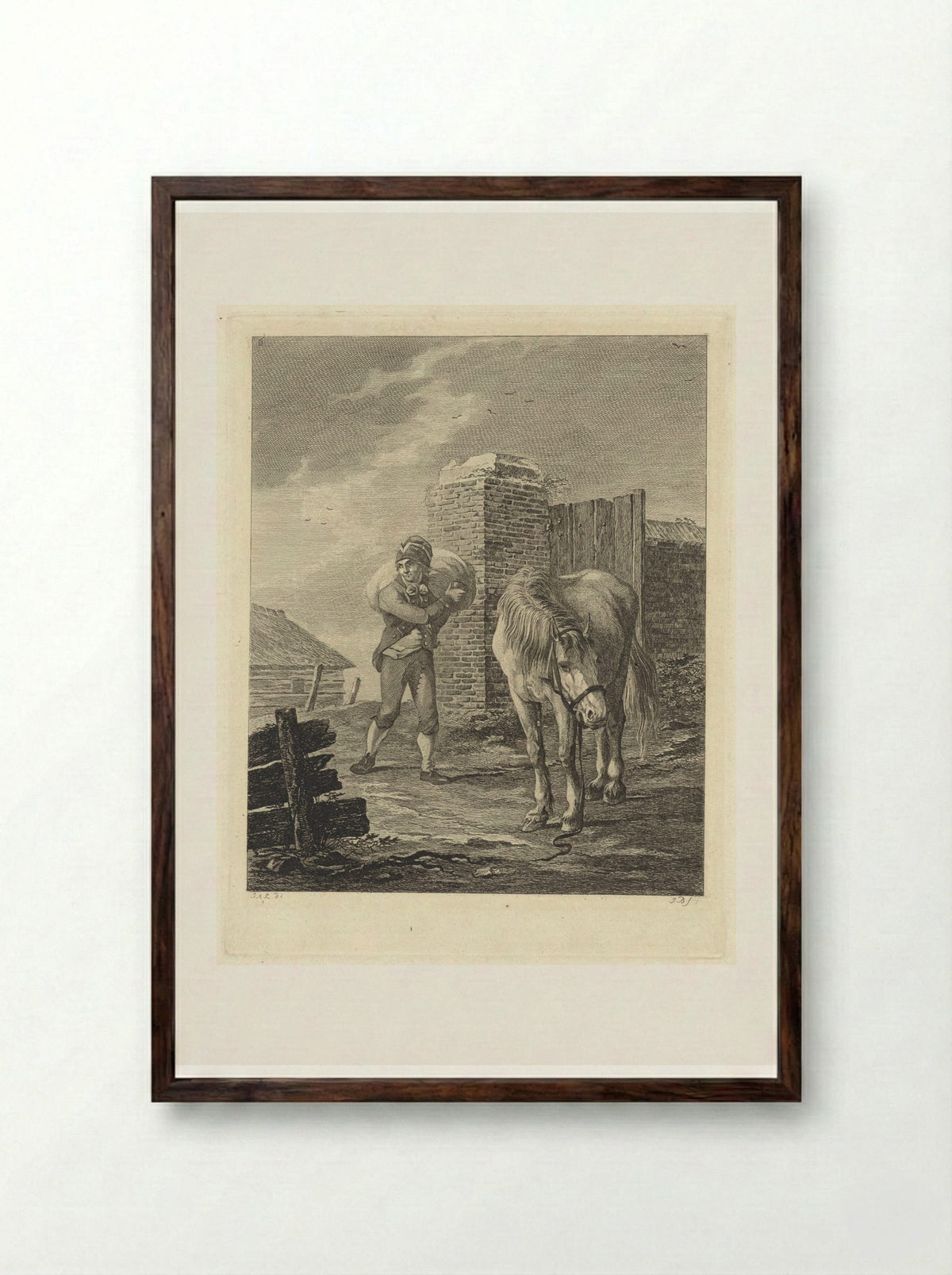 Man met zak op schouder bij ongezadeld paard - Joannes Bemme - Framed Print Dark Wood