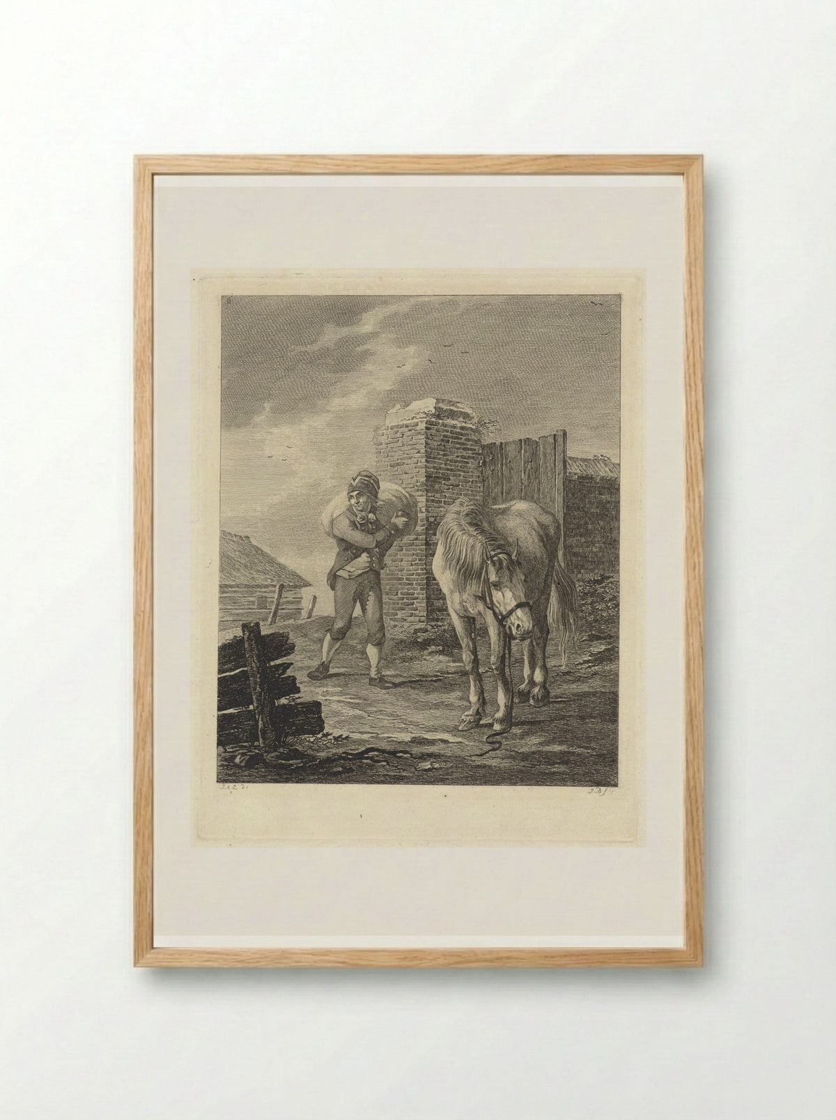 Man met zak op schouder bij ongezadeld paard - Joannes Bemme - Framed Print Wood