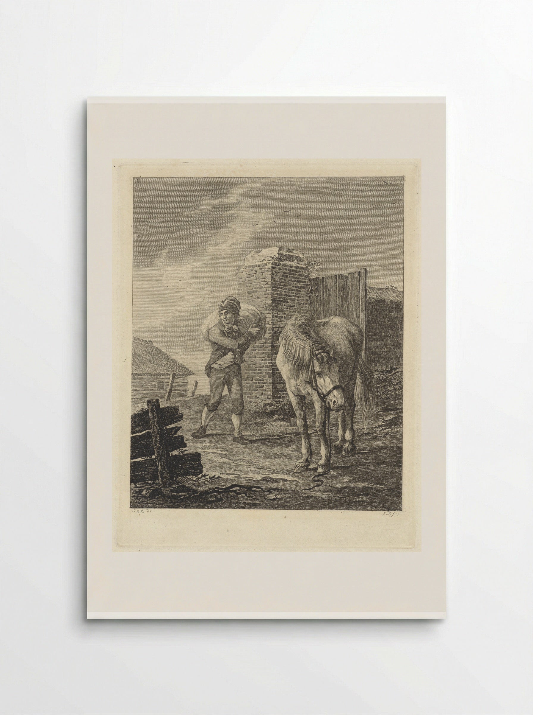 Man met zak op schouder bij ongezadeld paard - Joannes Bemme - Poster