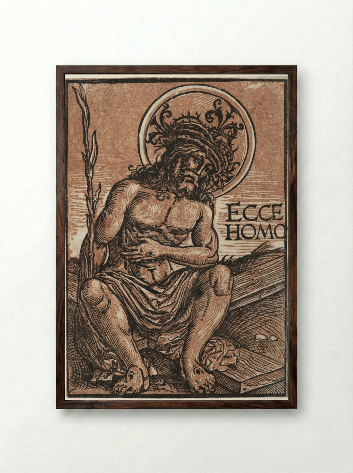 Man of Sorrows Seated on the Cross - Hans Weiditz - Framed Print Dark Wood