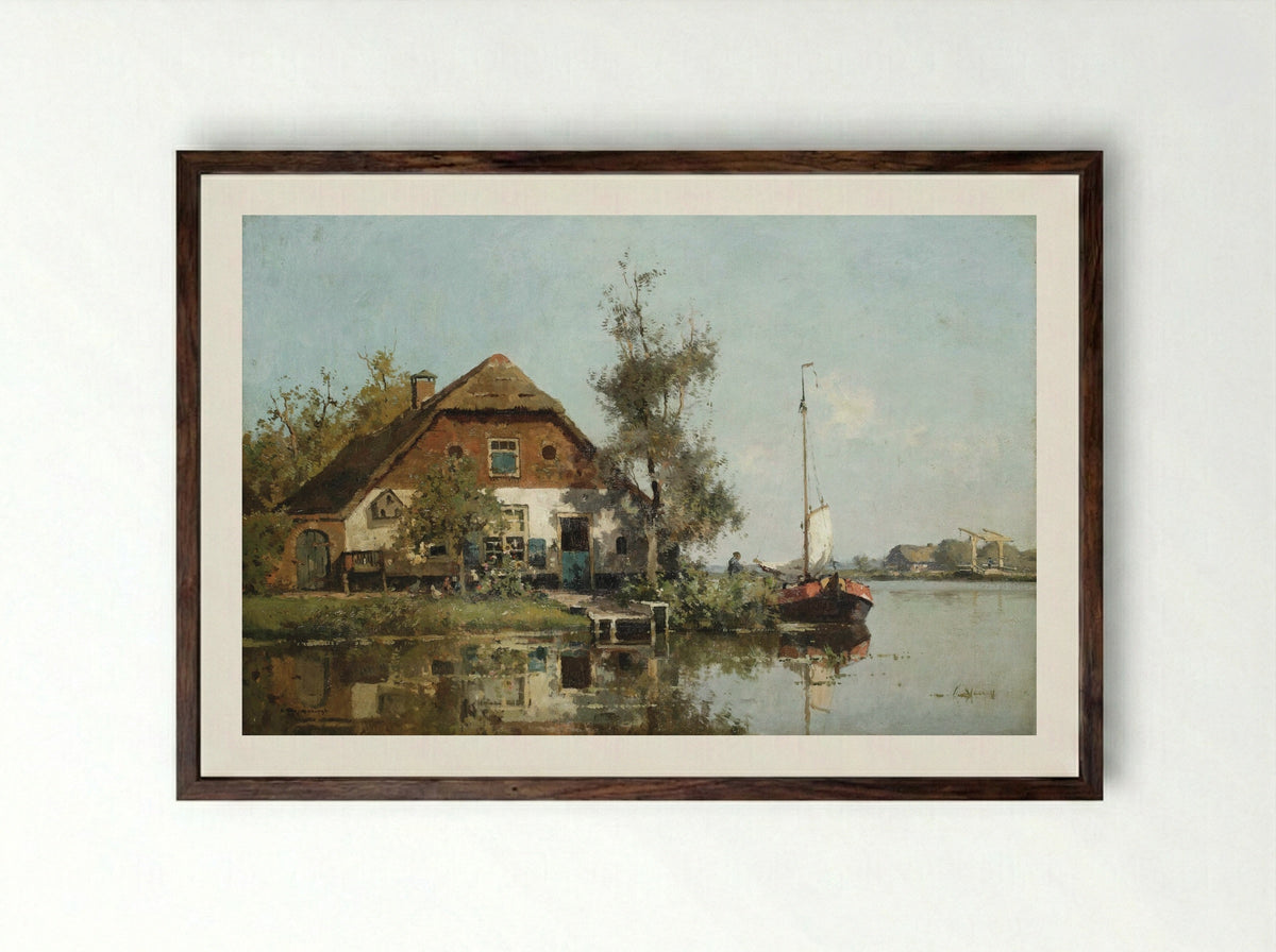 Man op een aangemeerde zeilboot op een meer - Cornelis Vreedenburgh - Framed Print Dark Wood